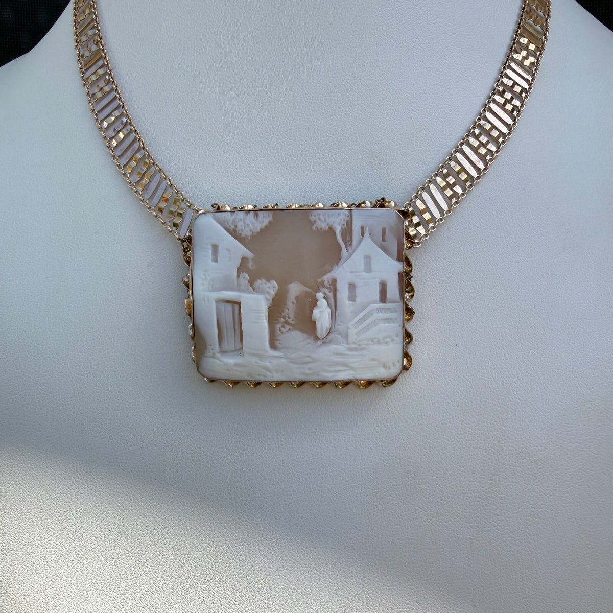 Victorian Hand-Carved Shell Cameo In Gold Fill. Milor of Italy Necklace. Antique