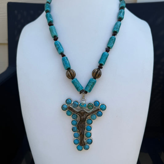 Handmade Turquoise & Garnet Crucifix Necklace