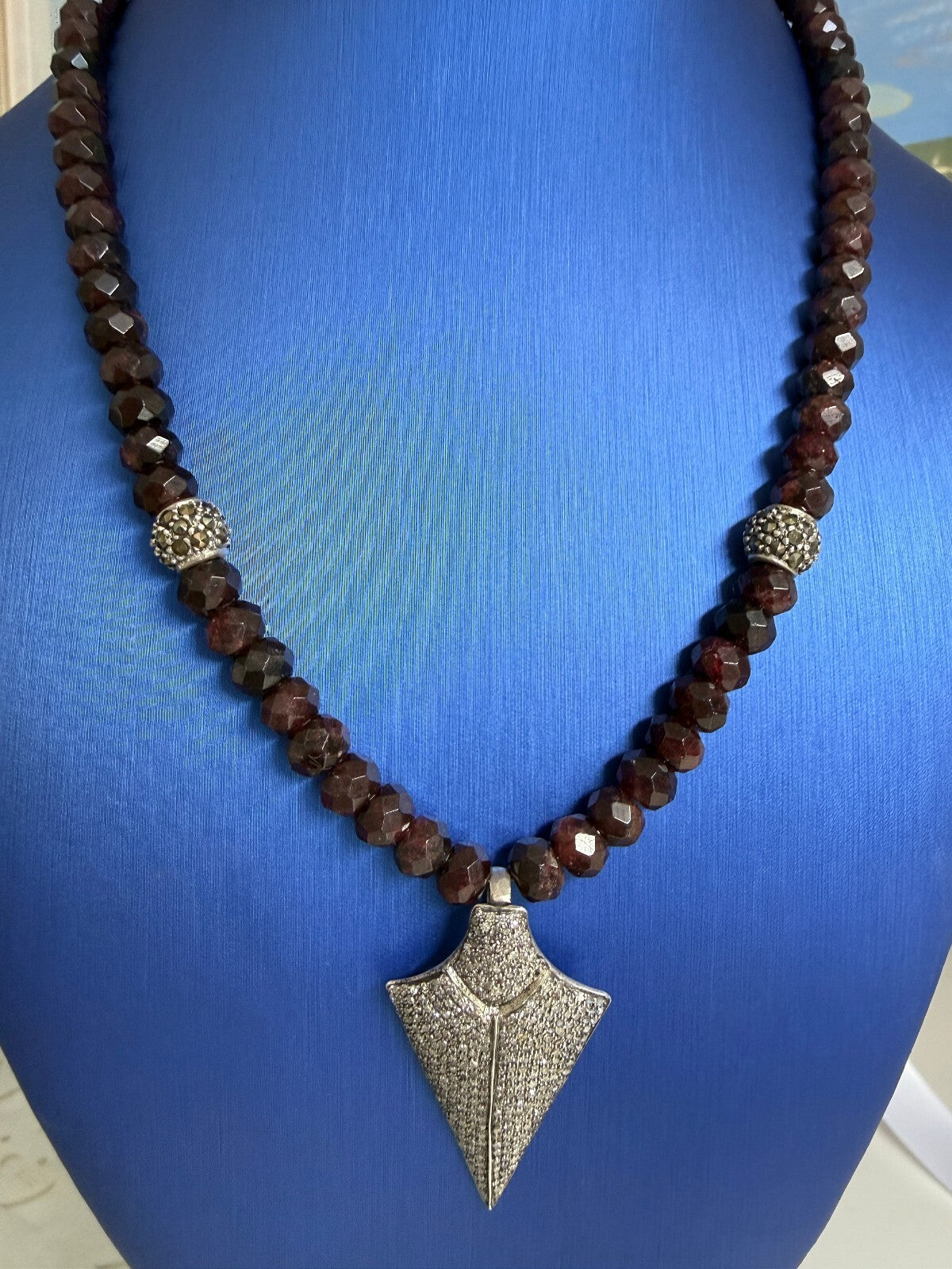 Pavé Diamond Arrowhead Pendent. Garnet  and Sterling  Necklace. One of a Kind.