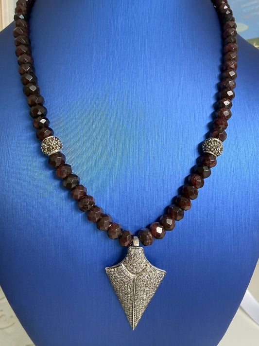 Pavé Diamond Arrowhead Pendent. Garnet  and Sterling  Necklace. One of a Kind.