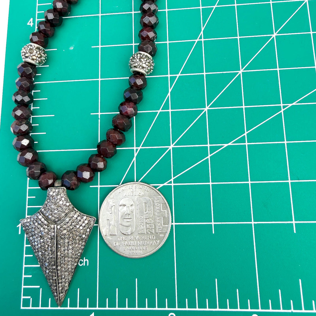 Pavé Diamond Arrowhead Pendent. Garnet  and Sterling  Necklace. One of a Kind.