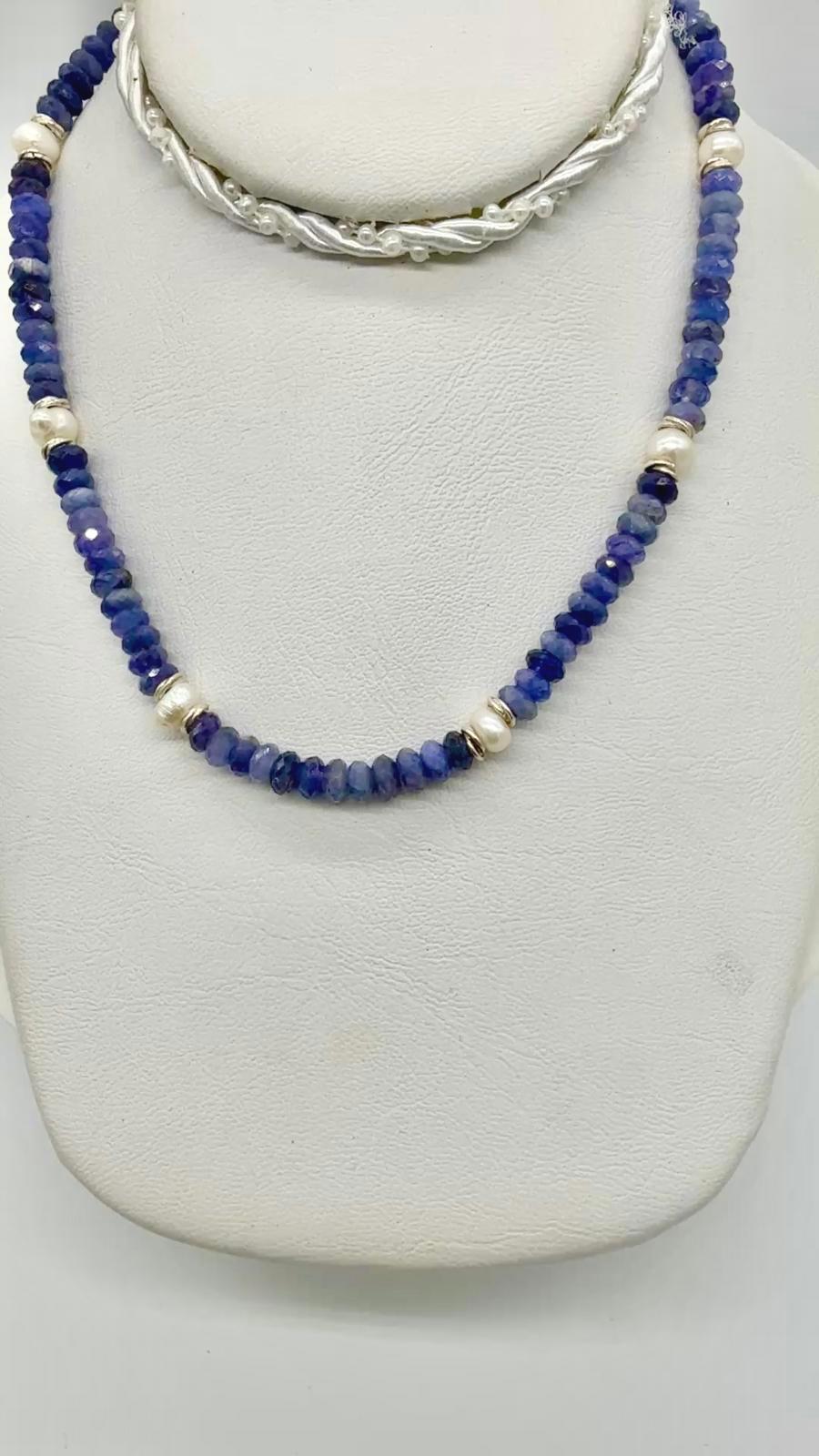 Tanzanite and baroque pearl necklace with sterling silver accents, handmade.