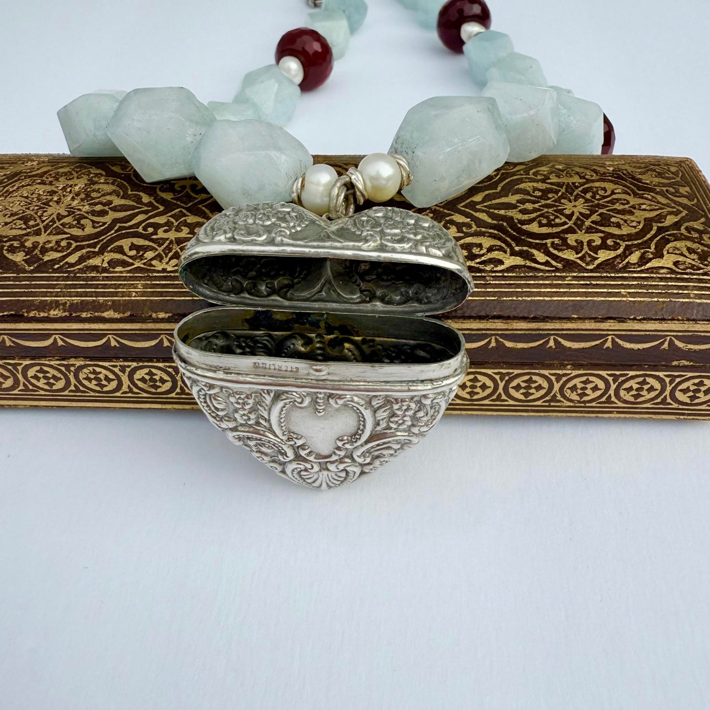Vintage Sterling Silver Heart Locket Necklace. Aquamarine  Ruby Pearl Necklace.