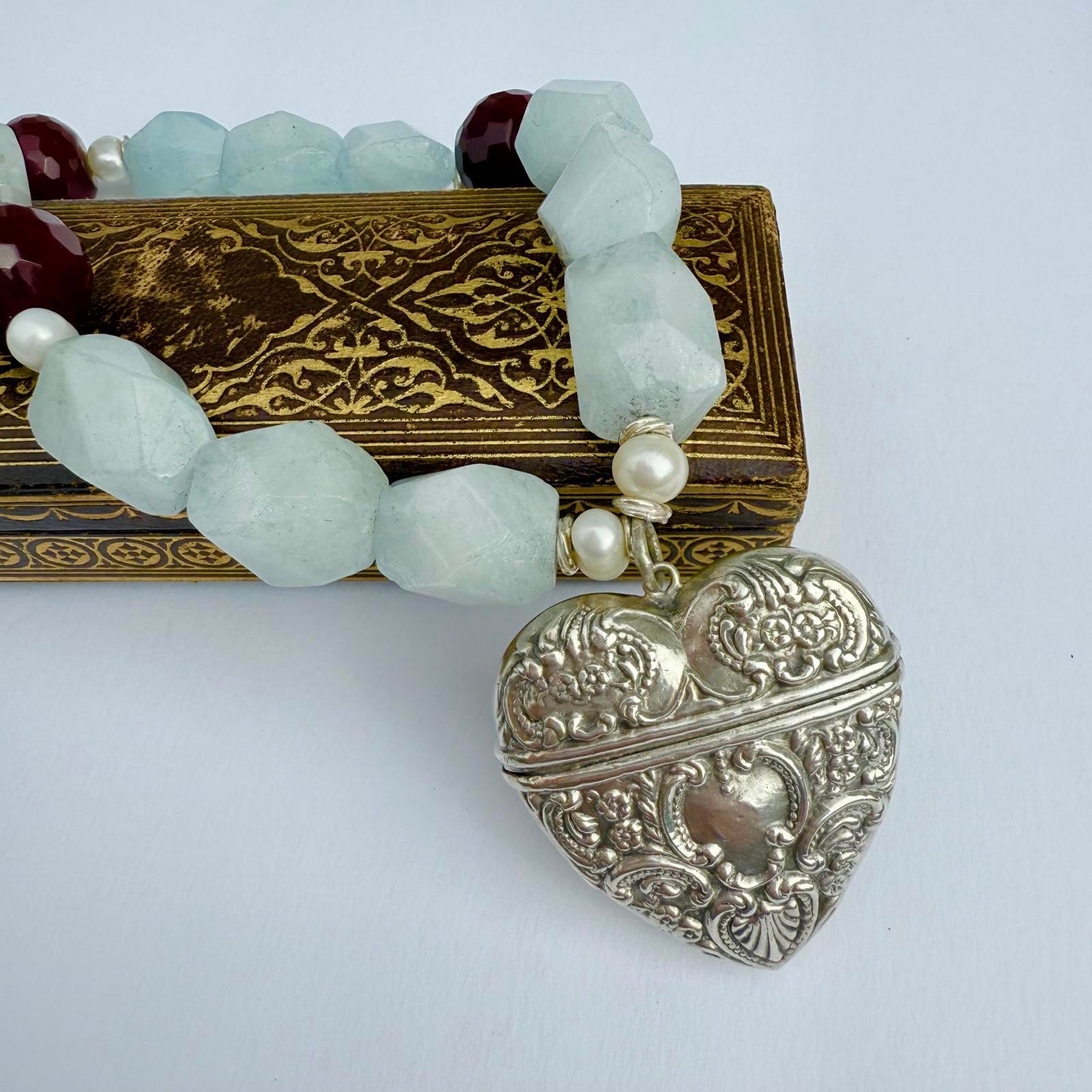 Vintage Sterling Silver Heart Locket Necklace. Aquamarine  Ruby Pearl Necklace.