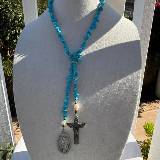 Turquoise/Howlite Lariat Necklace. Pearls. Vintage Religious Pendant Necklace.