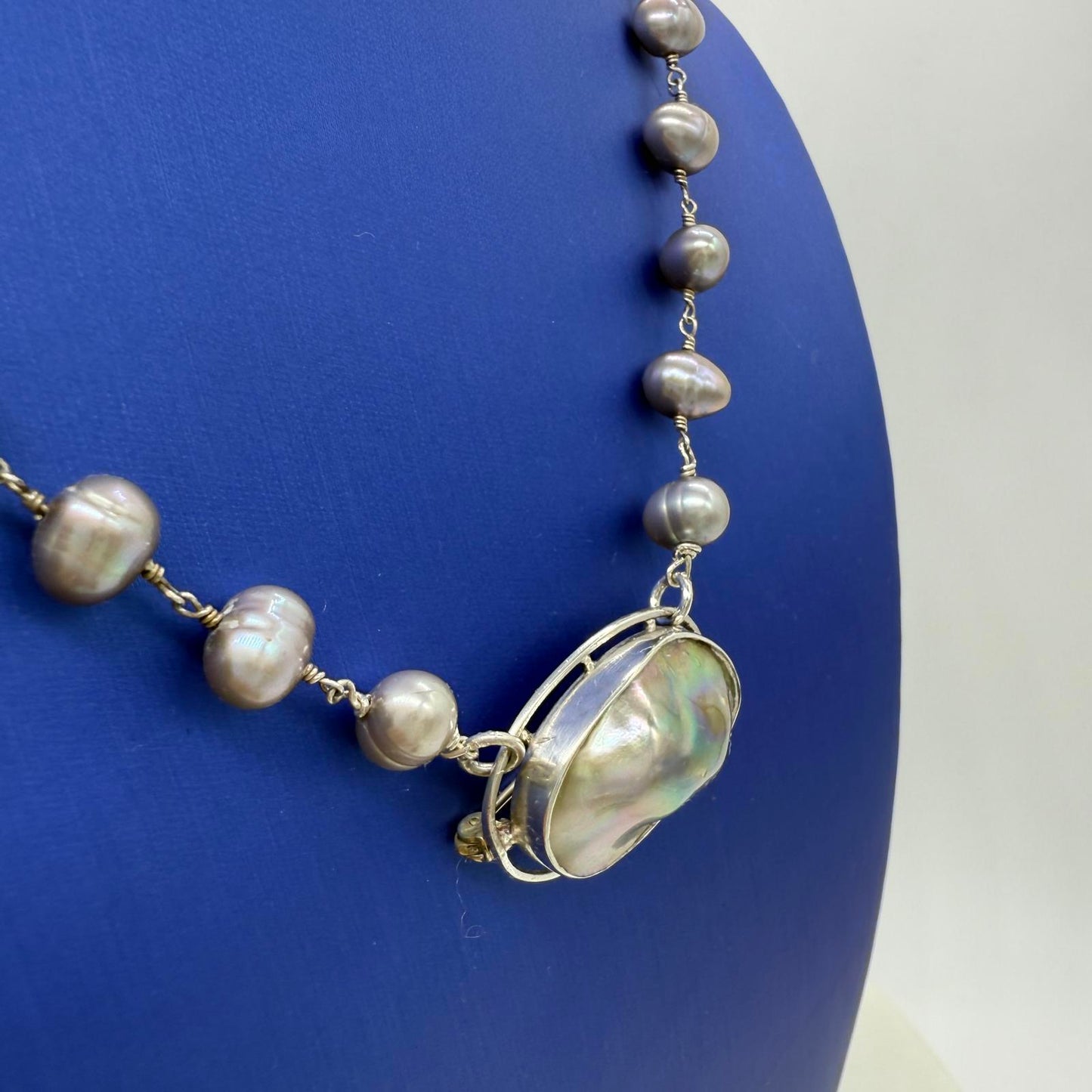 Pearl Necklace Vintage Abalone Shell Pendant – Handmade Sterling Silver Jewelry