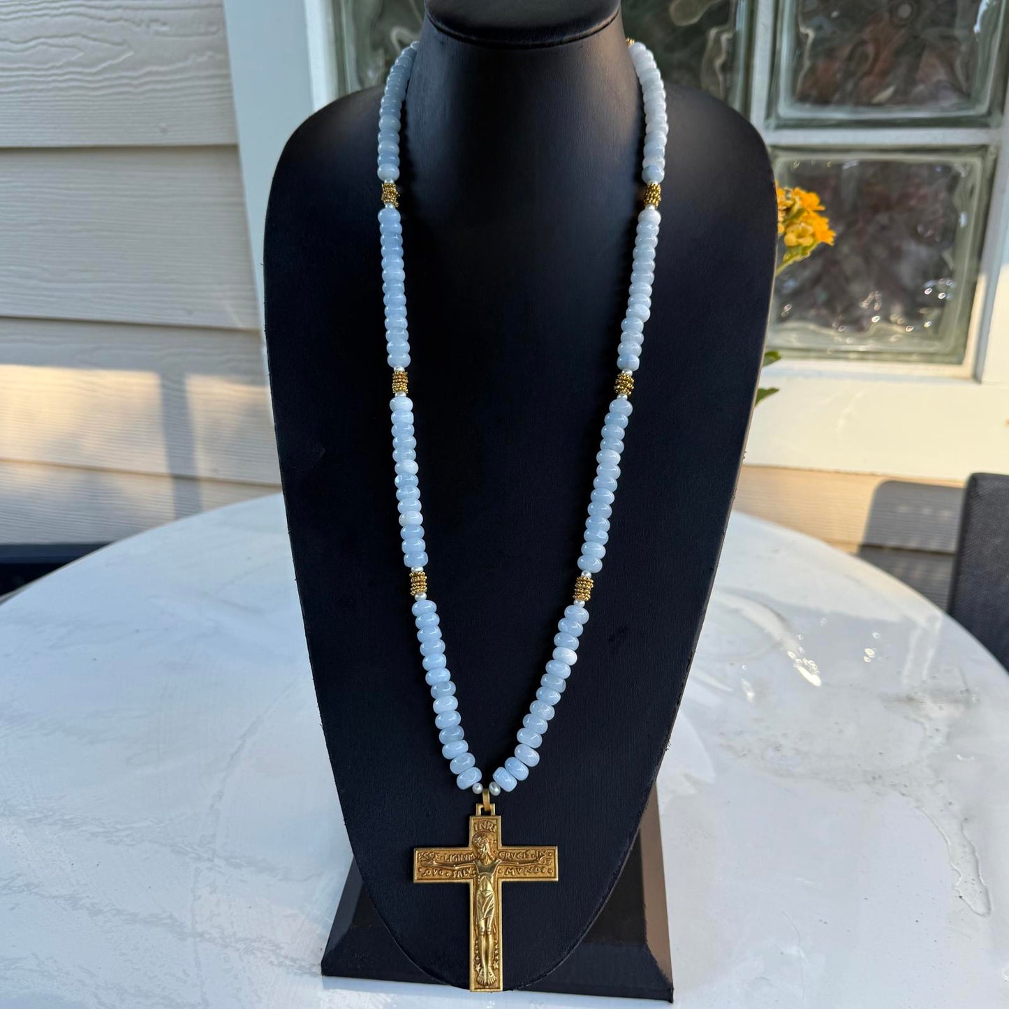 Art Deco French Gilded Crucifix. Aquamarine Freshwater Pearl Necklace.