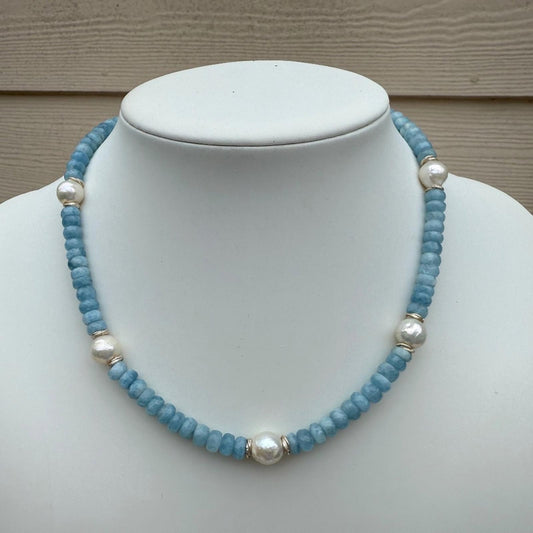 Aquamarine Pearl Necklace. Necklace With Sterling Silver Findings.