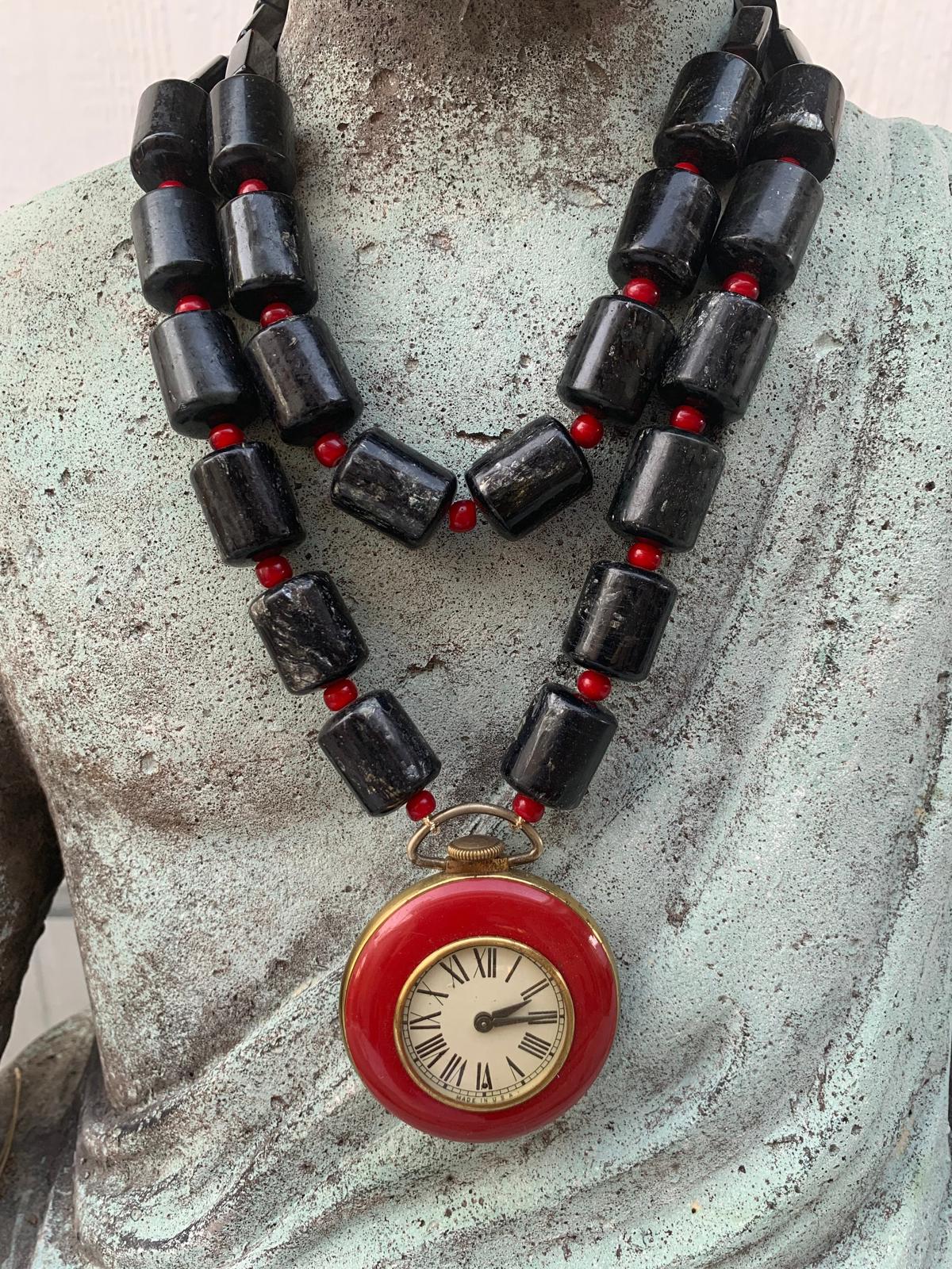 Black Tourmaline. Red Glass Spacer Beads. 2 Seperate Strands. Vintage 60s Watch. Statement Necklaces. Healing/Spiritual Stone. OOAK.
