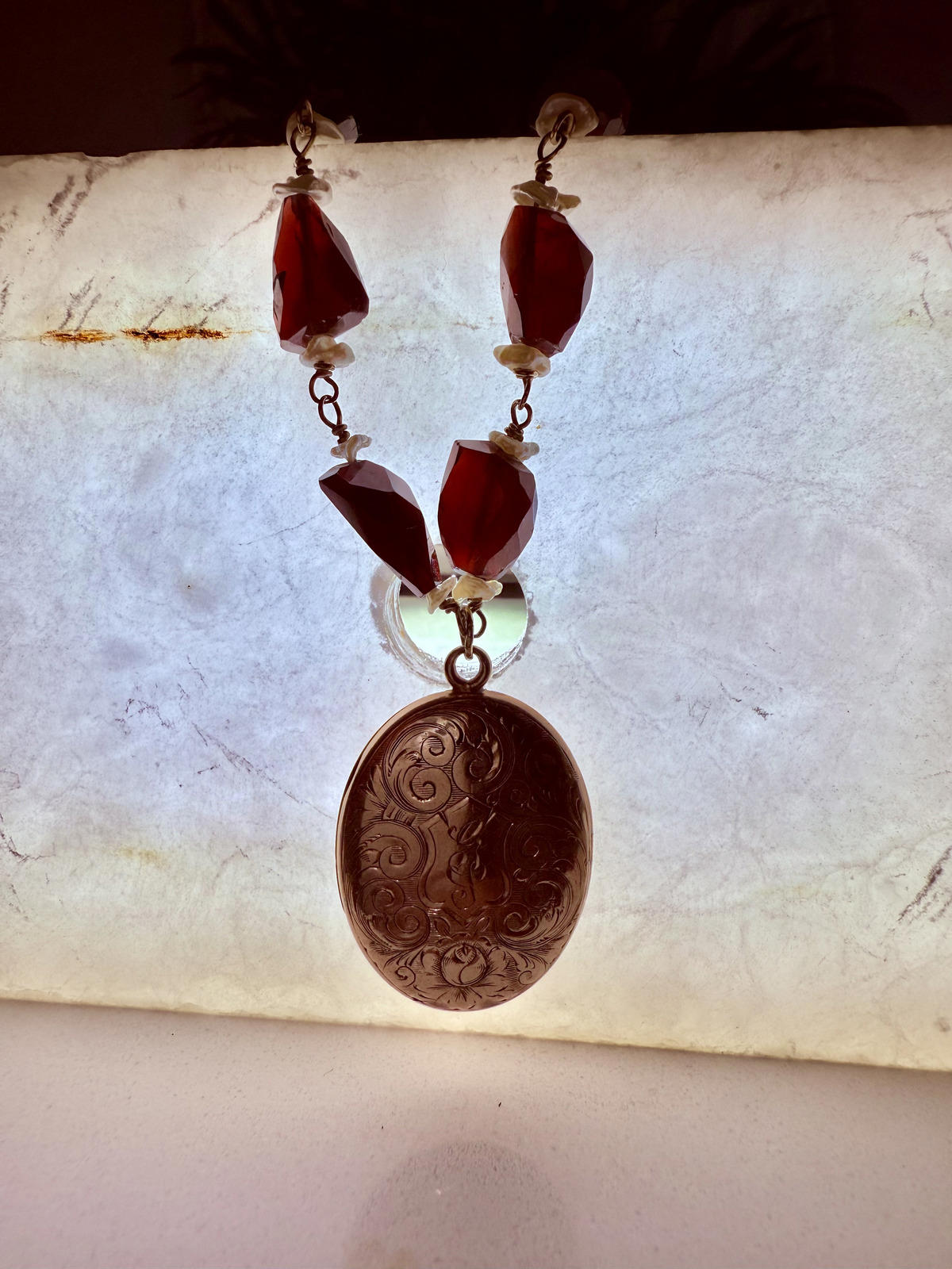 Vintage Locket. Garnet Nuggets Freshwater Pearl Necklace.