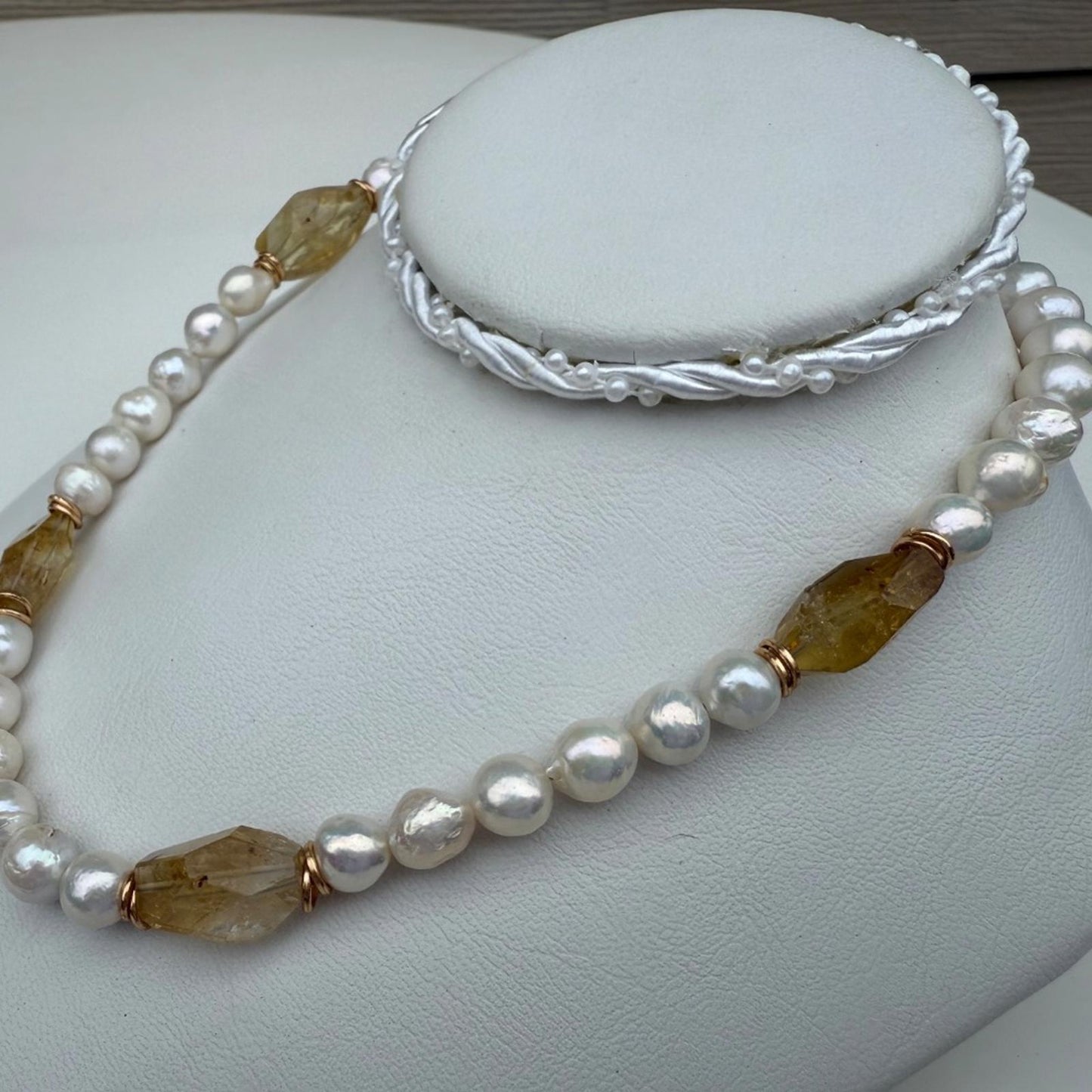 Citrine Pearl Necklace. Handmade Freshwater Pearl Necklace.