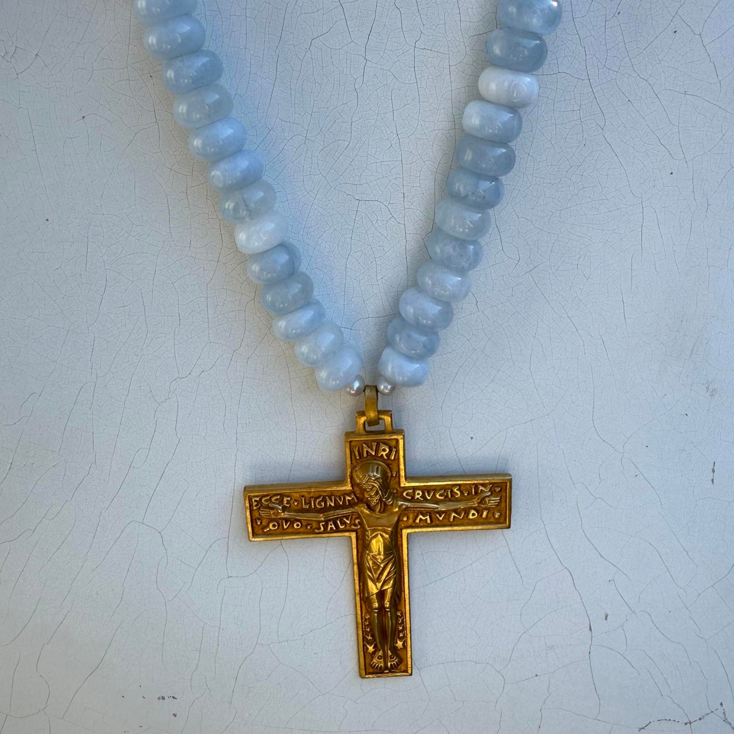 Art Deco French Gilded Crucifix. Aquamarine Freshwater Pearl Necklace.