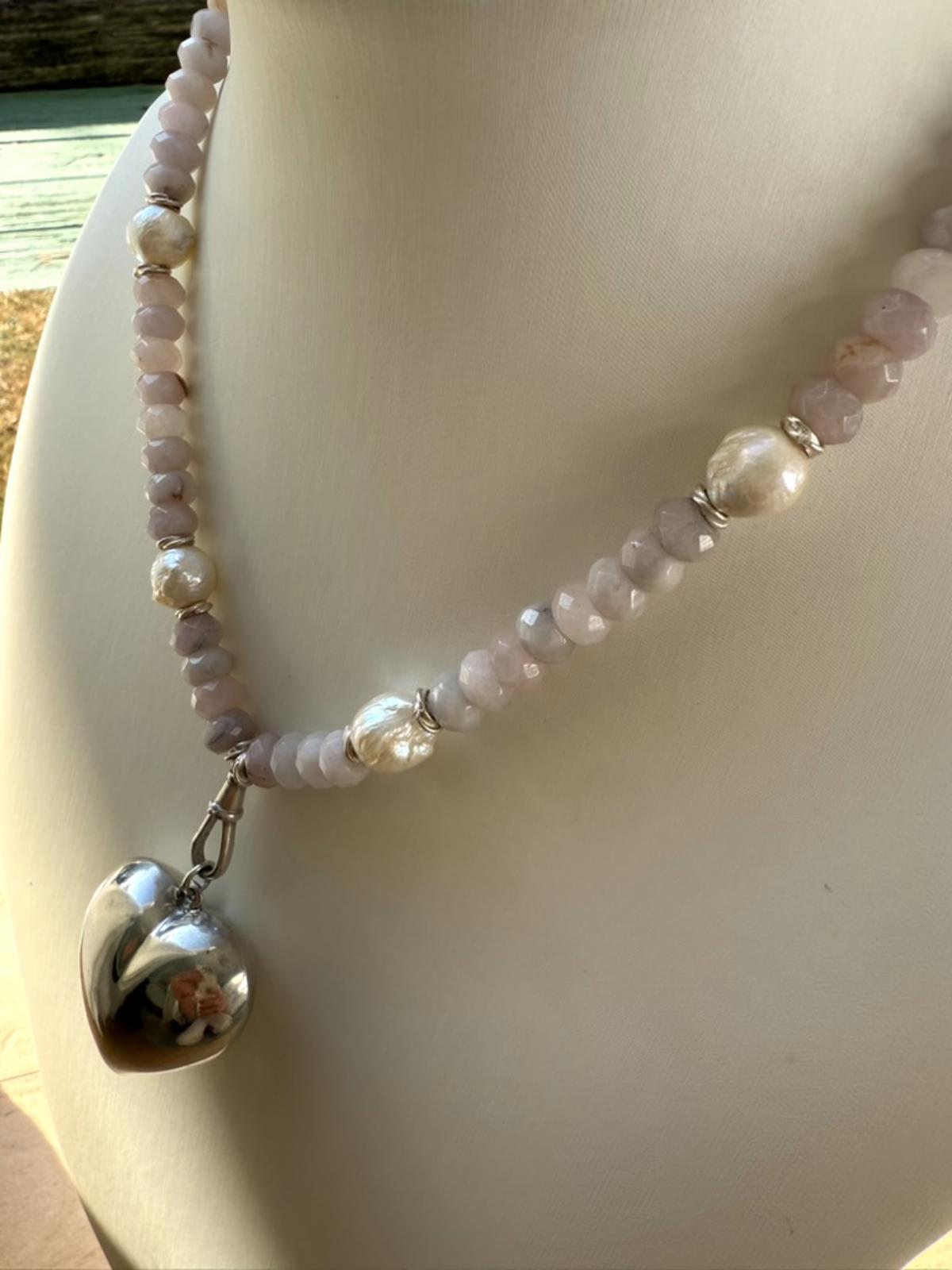 Vintage Sterling Silver Puffy Heart Necklace with Rose Quartz & Baroque Pearls.