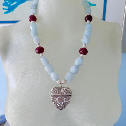 Vintage Sterling Silver Heart Locket Necklace. Aquamarine  Ruby Pearl Necklace.