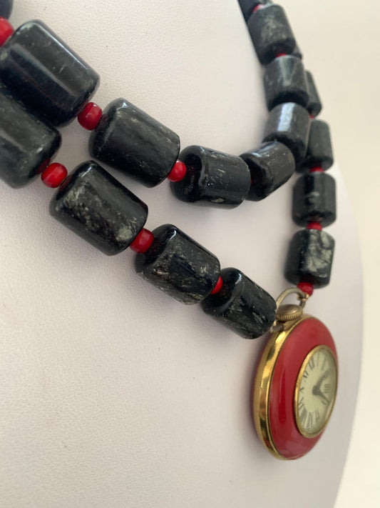 Black Tourmaline. Red Glass Spacer Beads. 2 Seperate Strands. Vintage 60s Watch. Statement Necklaces. Healing/Spiritual Stone. OOAK.