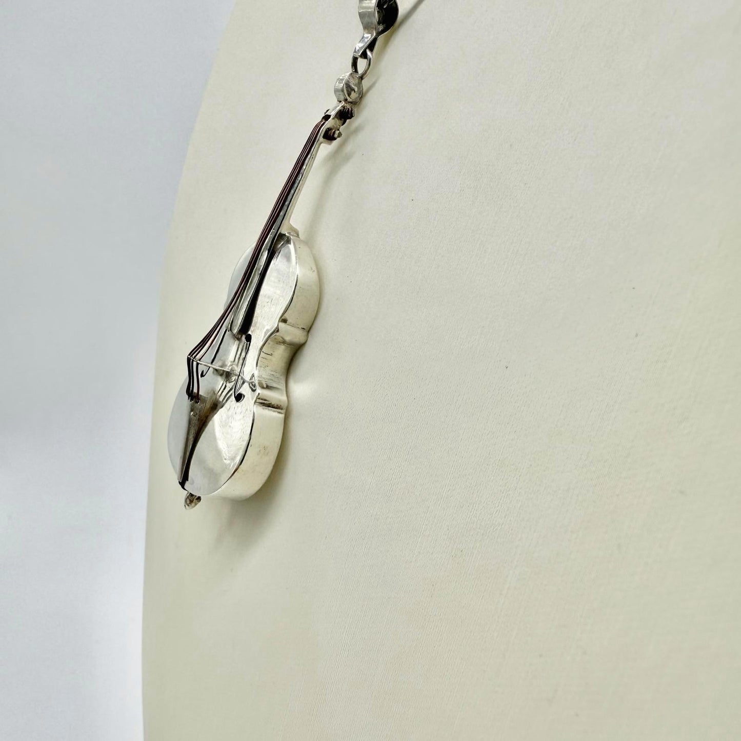 Vintage Sterling Silver Violin Pendant On Sterling Silver chain Necklace.