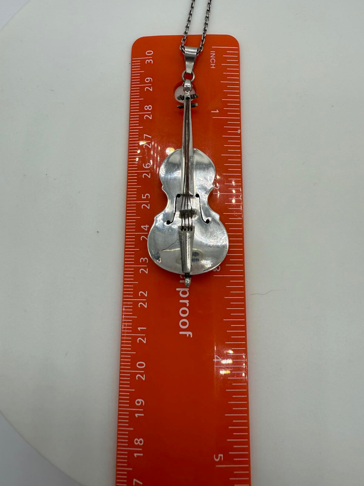 Vintage Sterling Silver Violin Pendant On Sterling Silver chain Necklace.