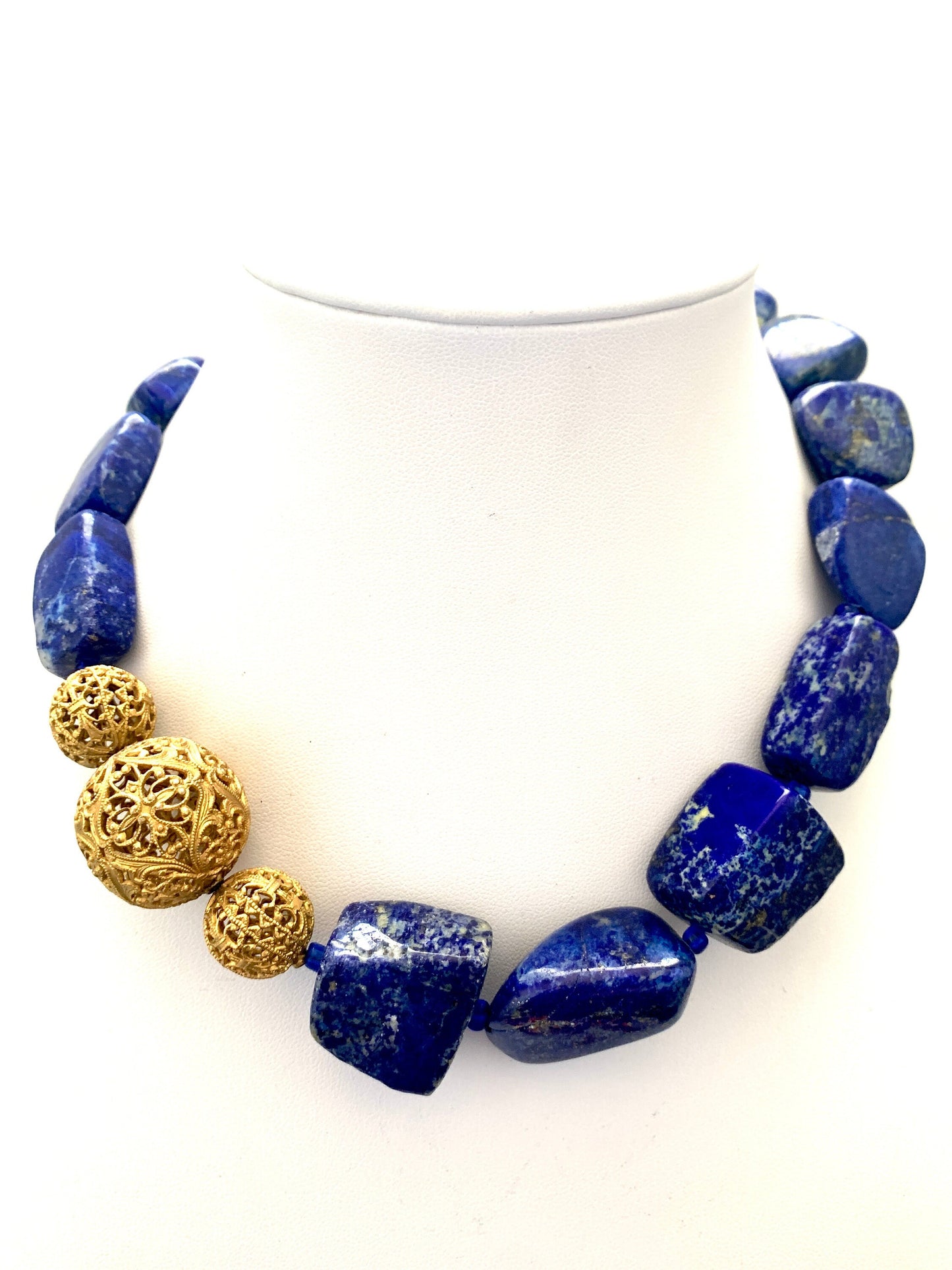 Blue Lapis Lazuli. Vintage Gold Filigree beads. Toggle clasp. Healing stones. OOAK. Handmade. Vintique10 creation.