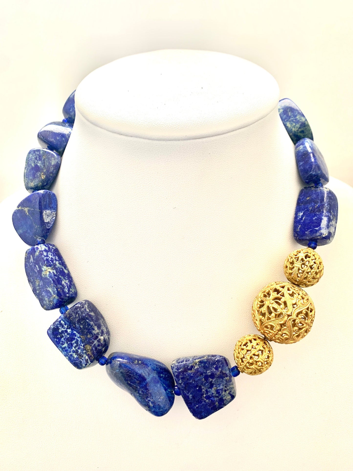 Blue Lapis Lazuli. Vintage Gold Filigree beads. Toggle clasp. Healing stones. OOAK. Handmade. Vintique10 creation.