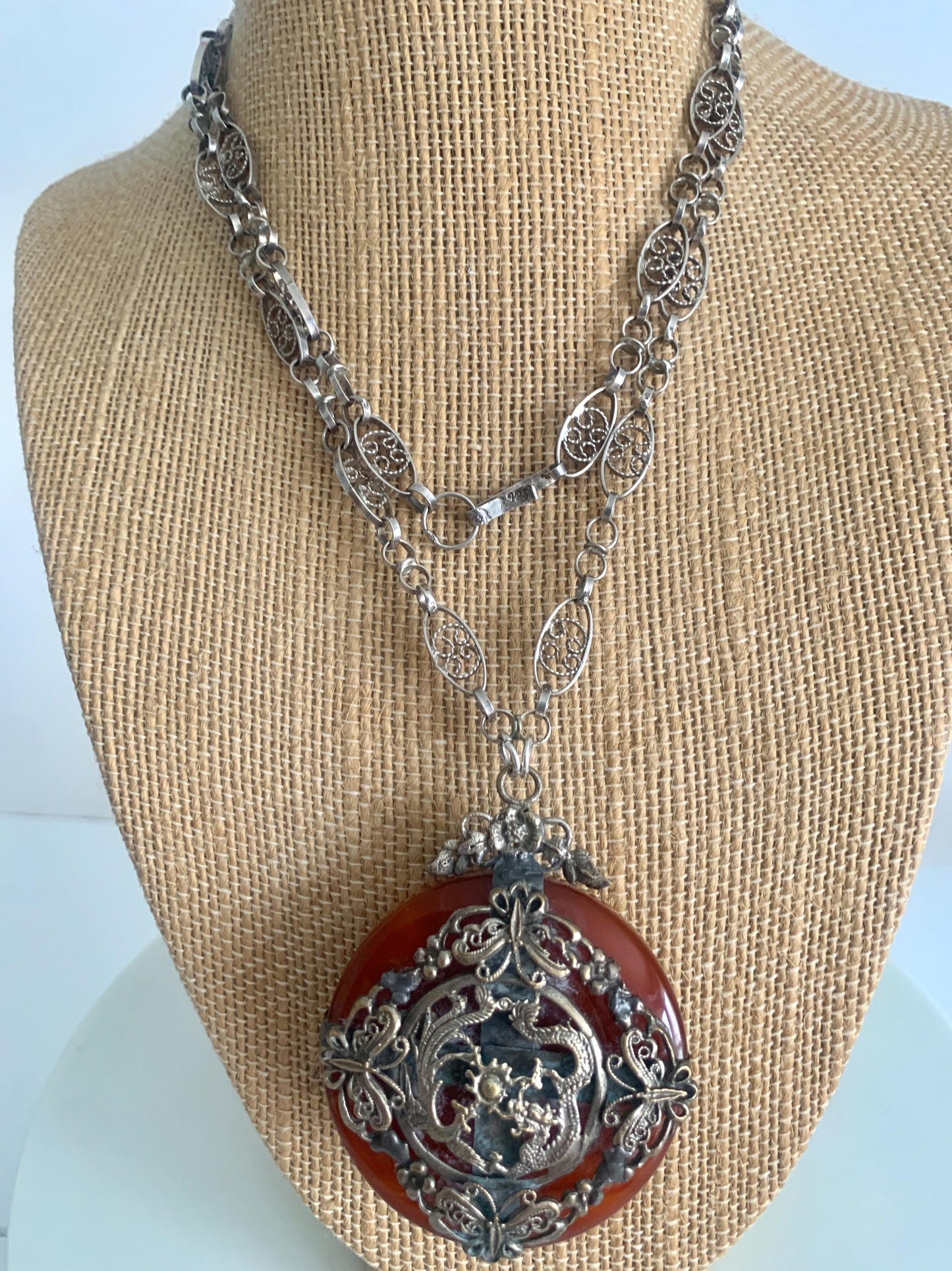 Vintage Carnelian Dragon Pendant Necklace. Long Sterling Silver Chain Necklace.