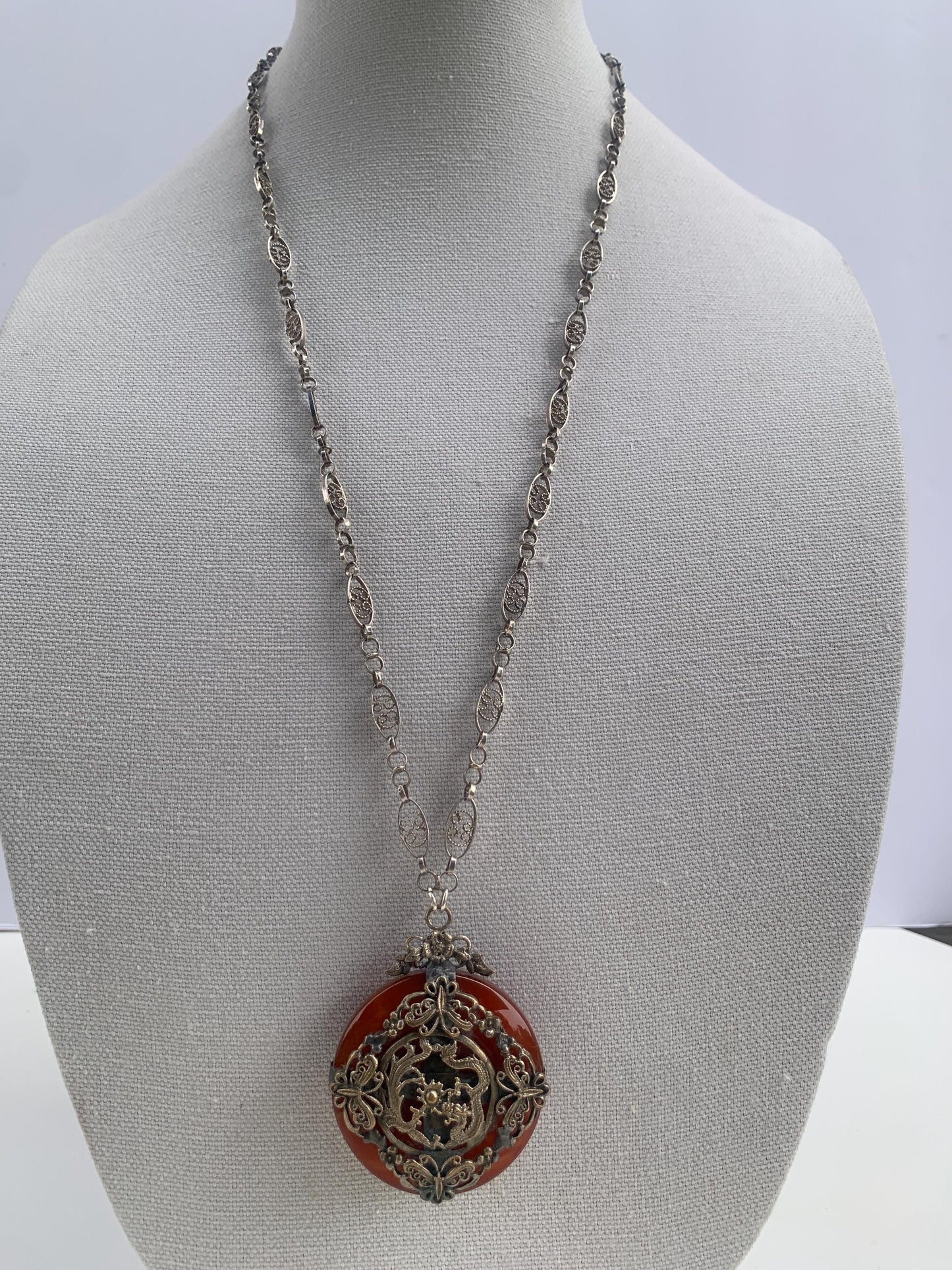 Vintage Carnelian Dragon Pendant Necklace. Long Sterling Silver Chain Necklace.