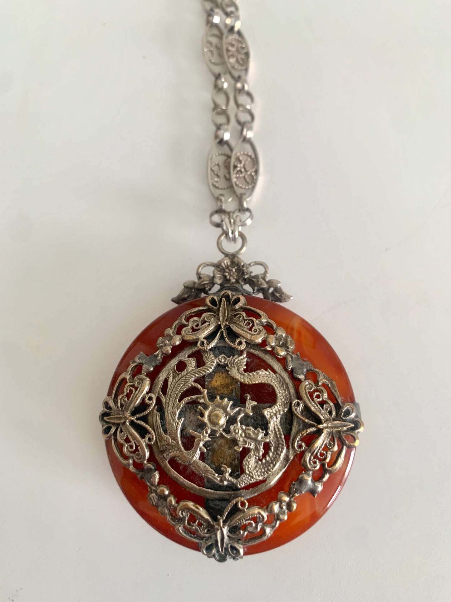 Vintage Carnelian Dragon Pendant Necklace. Long Sterling Silver Chain Necklace.