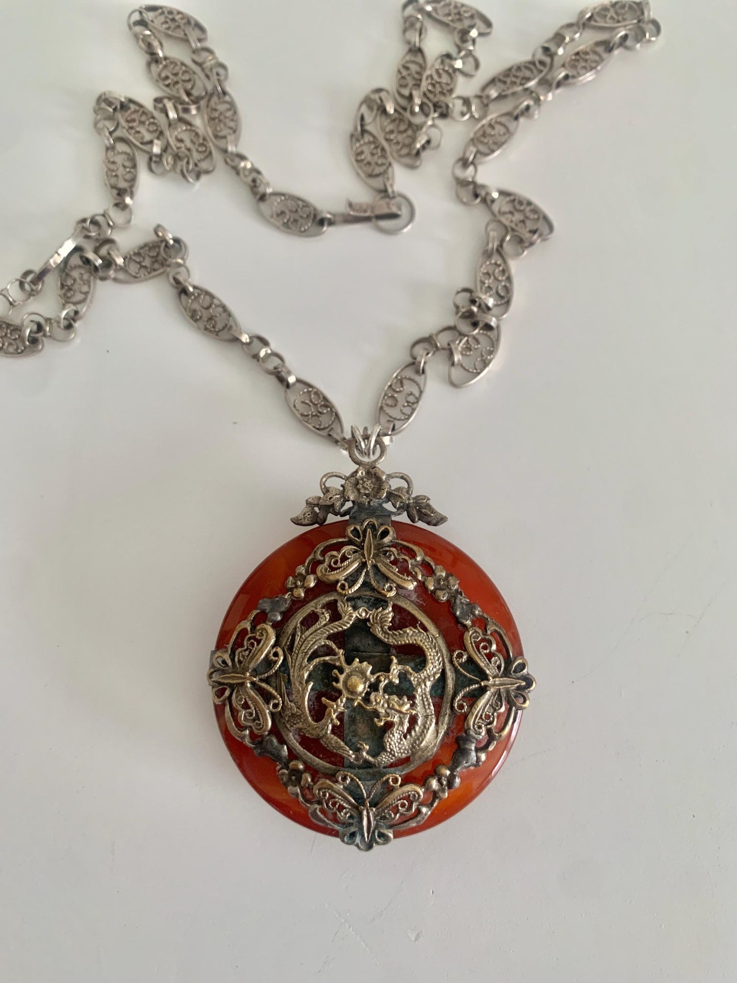 Vintage Carnelian Dragon Pendant Necklace. Long Sterling Silver Chain Necklace.