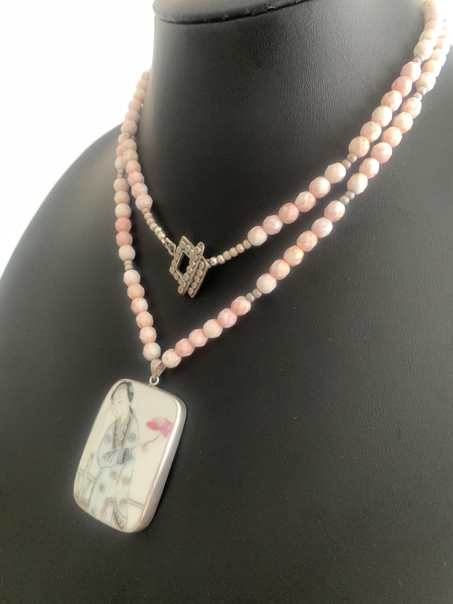 Vintage Chinese Shard Hand Painted Pendant Of Lady. Sterling Silver. Pink Czechoslovakian Glass Beads 34 inches Long. OOAK.
