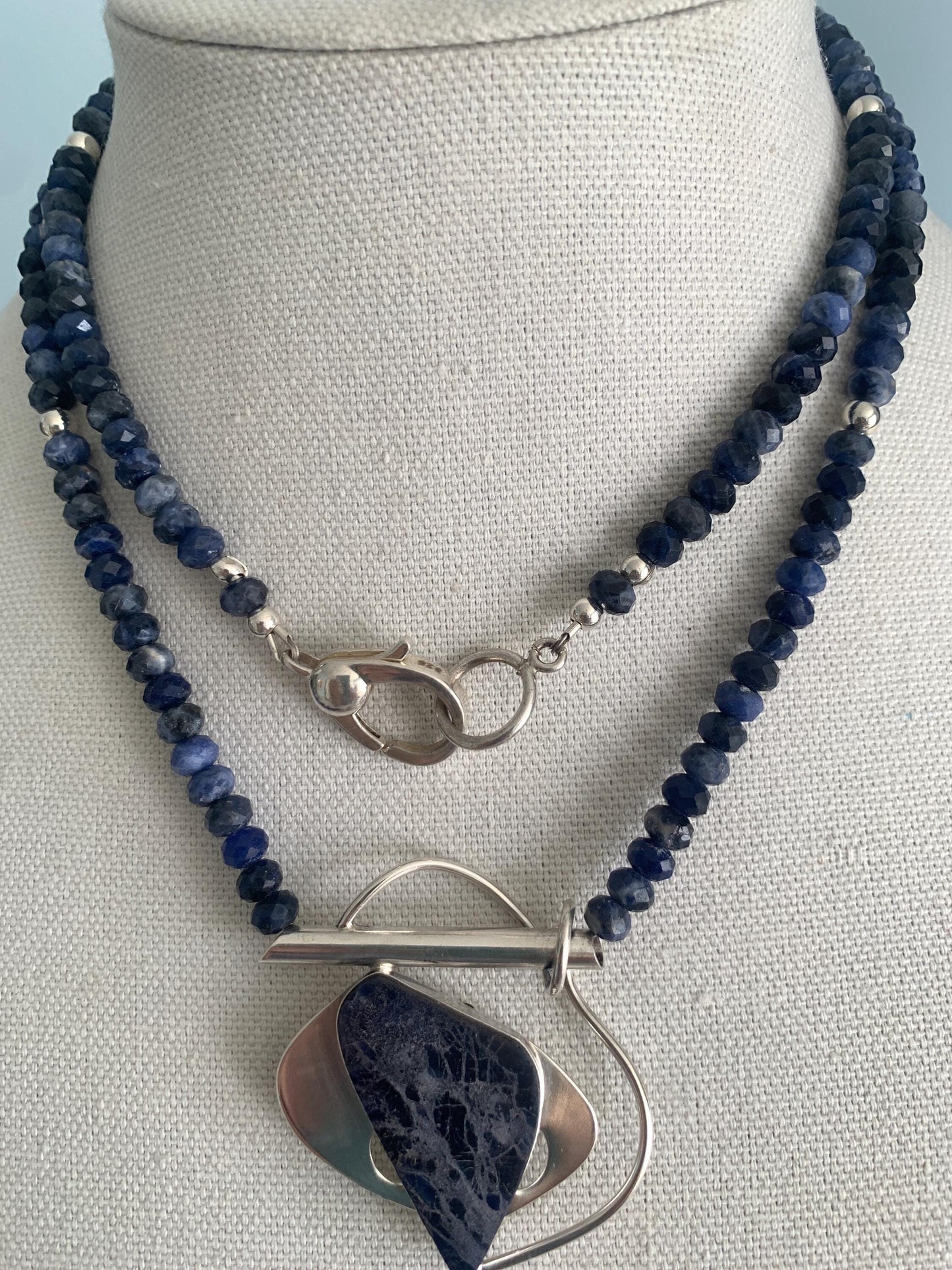 Contemporary. Sodalite. Cabochon. Sterling Silver Pendant. Faceted Blue Sodalite Beads. Long Necklace. Can be Doubled. Modern.OOAK