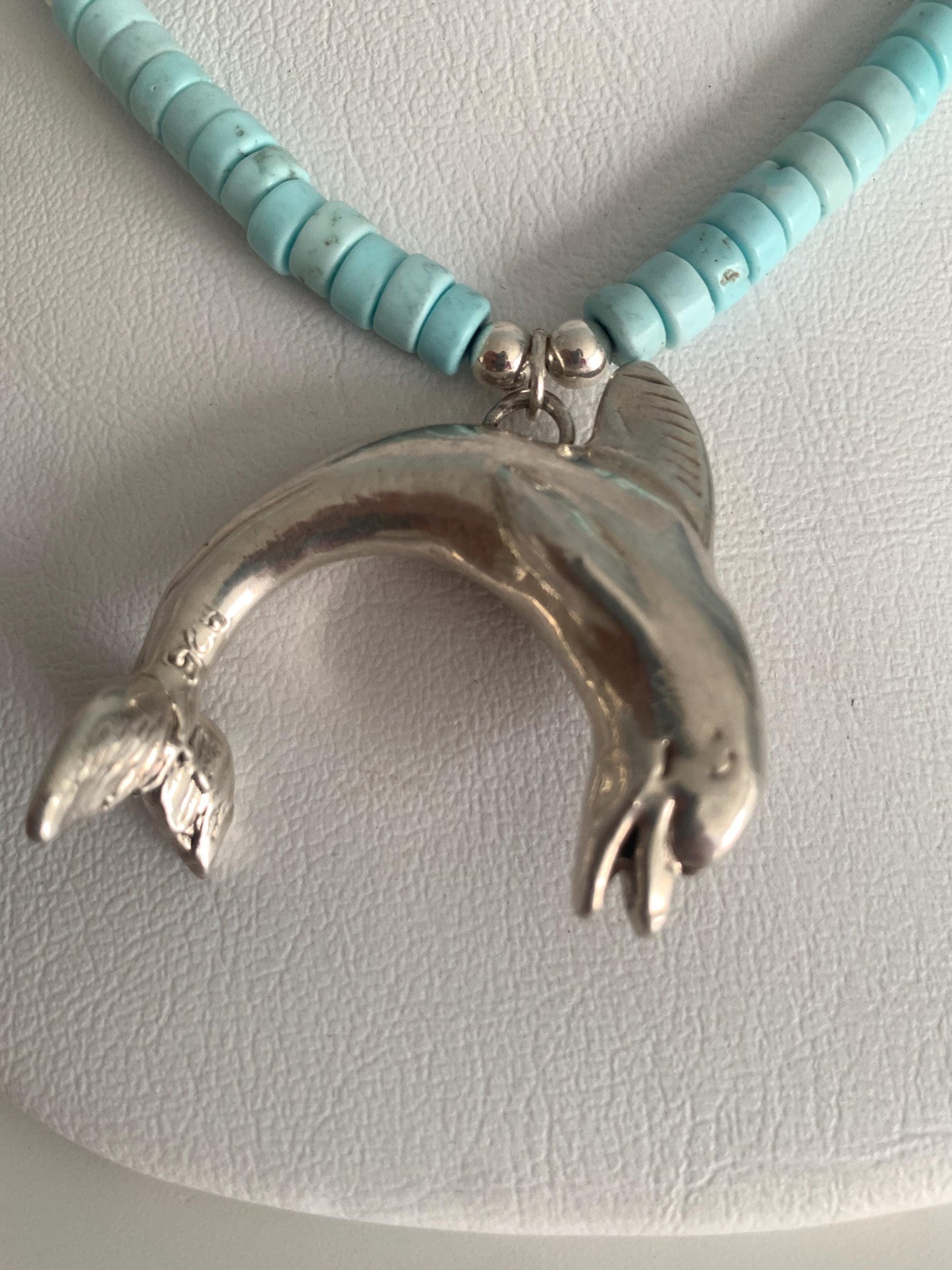 Vintage. Sterling Silver. Dolphin. Handmade Light Blue Turquoise Heishi Necklace.