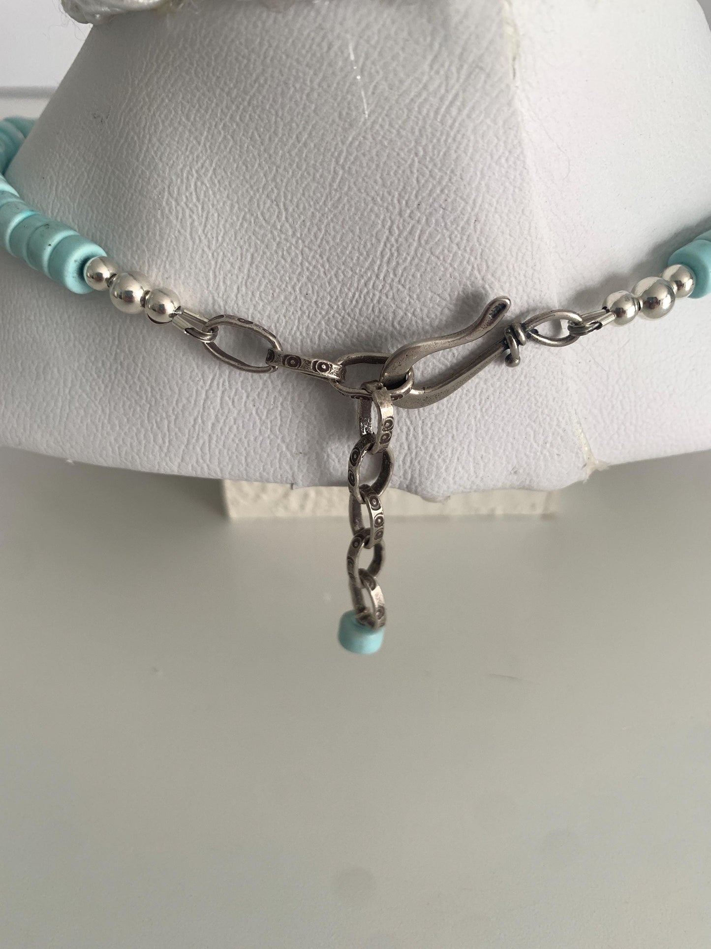 Vintage. Sterling Silver. Dolphin. Handmade Light Blue Turquoise Heishi Necklace.