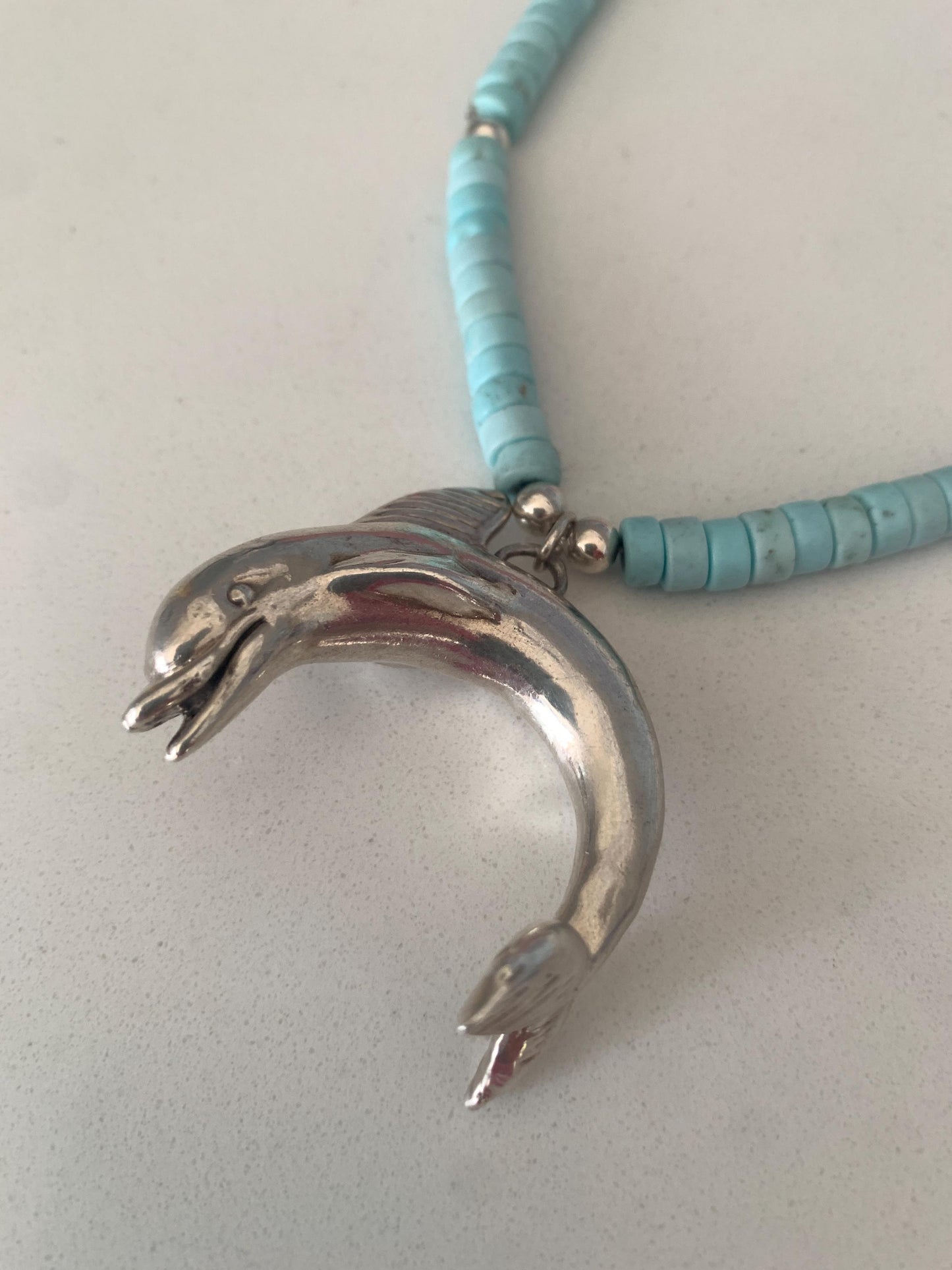 Vintage. Sterling Silver. Dolphin. Handmade Light Blue Turquoise Heishi Necklace.
