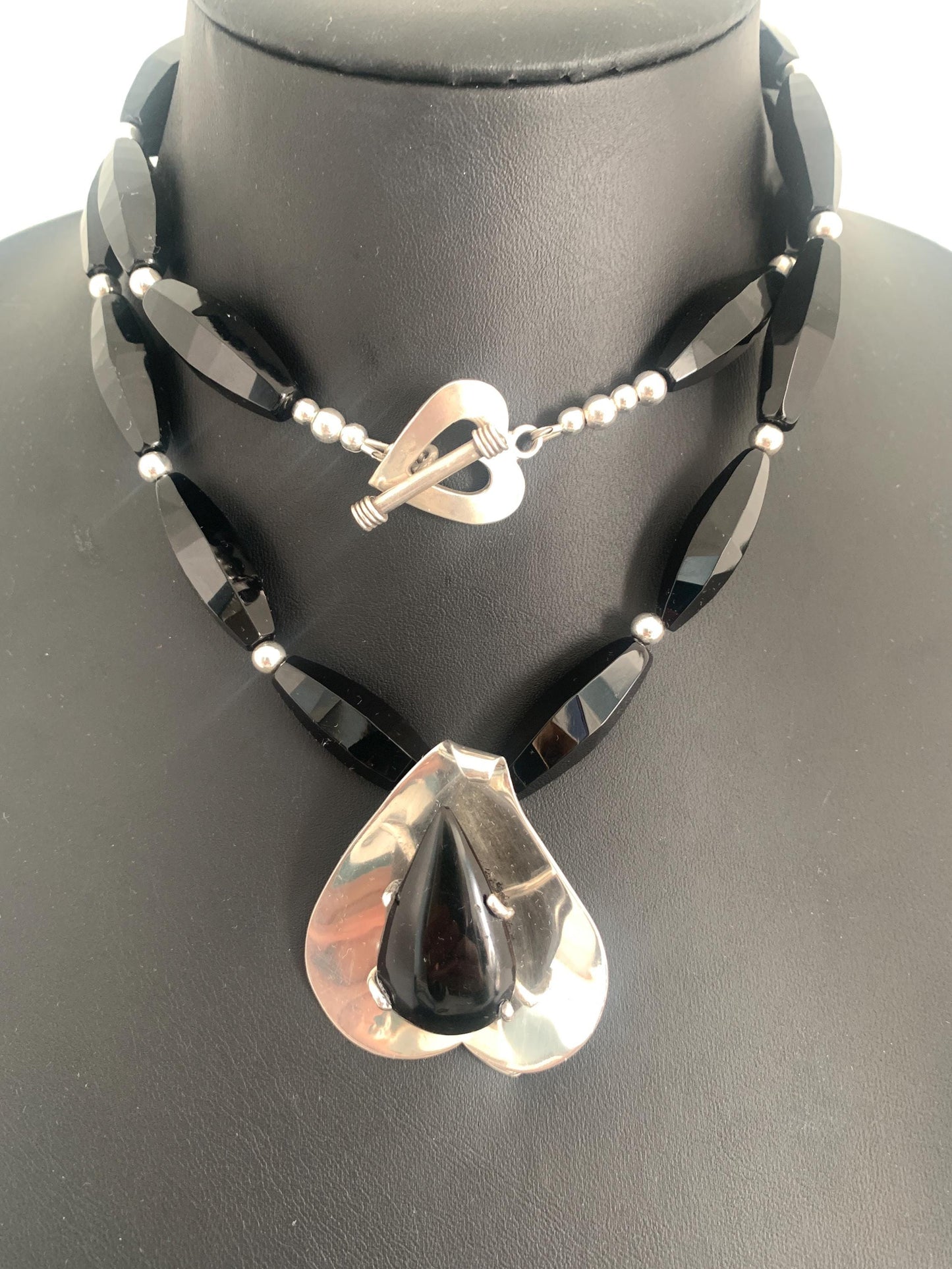 Vintage. Golden Sheen Obsidian Teardrop. Sterling Silver. Contemporary. Designer. Pendant. Long Onyx Beaded Necklace. Handmade. OOAK