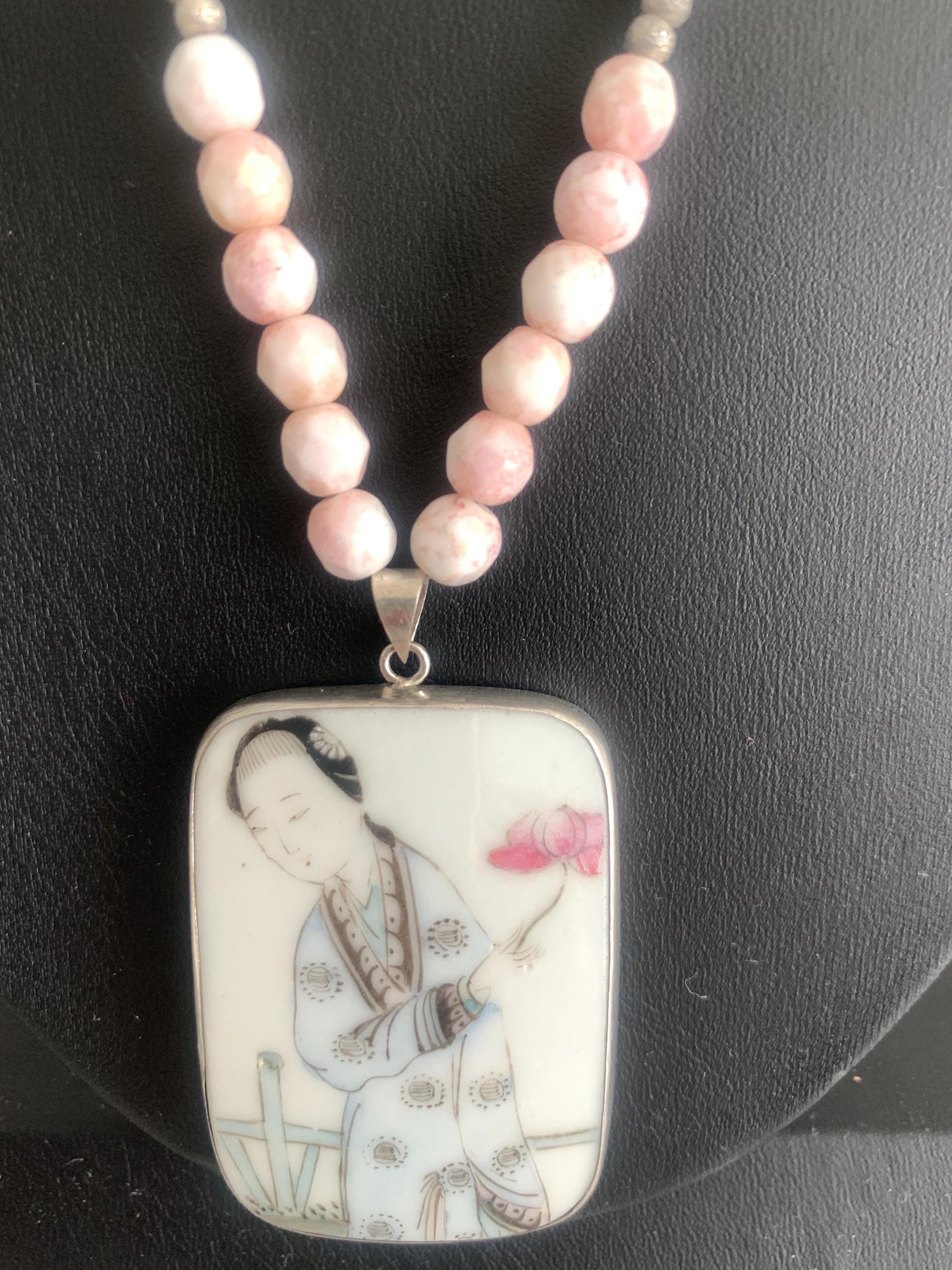 Vintage Chinese Shard Hand Painted Pendant Of Lady. Sterling Silver. Pink Czechoslovakian Glass Beads 34 inches Long. OOAK.