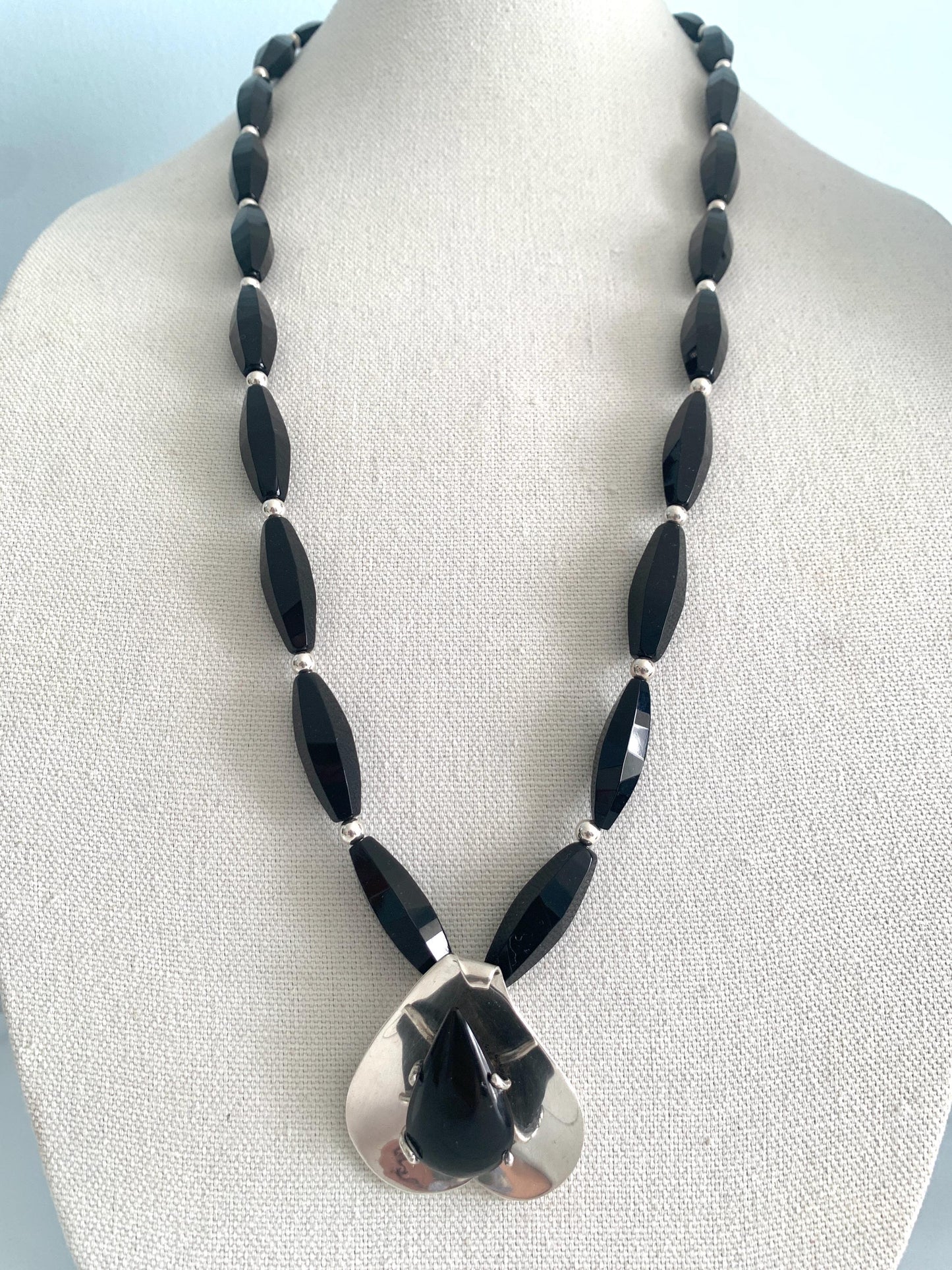 Vintage. Golden Sheen Obsidian Teardrop. Sterling Silver. Contemporary. Designer. Pendant. Long Onyx Beaded Necklace. Handmade. OOAK