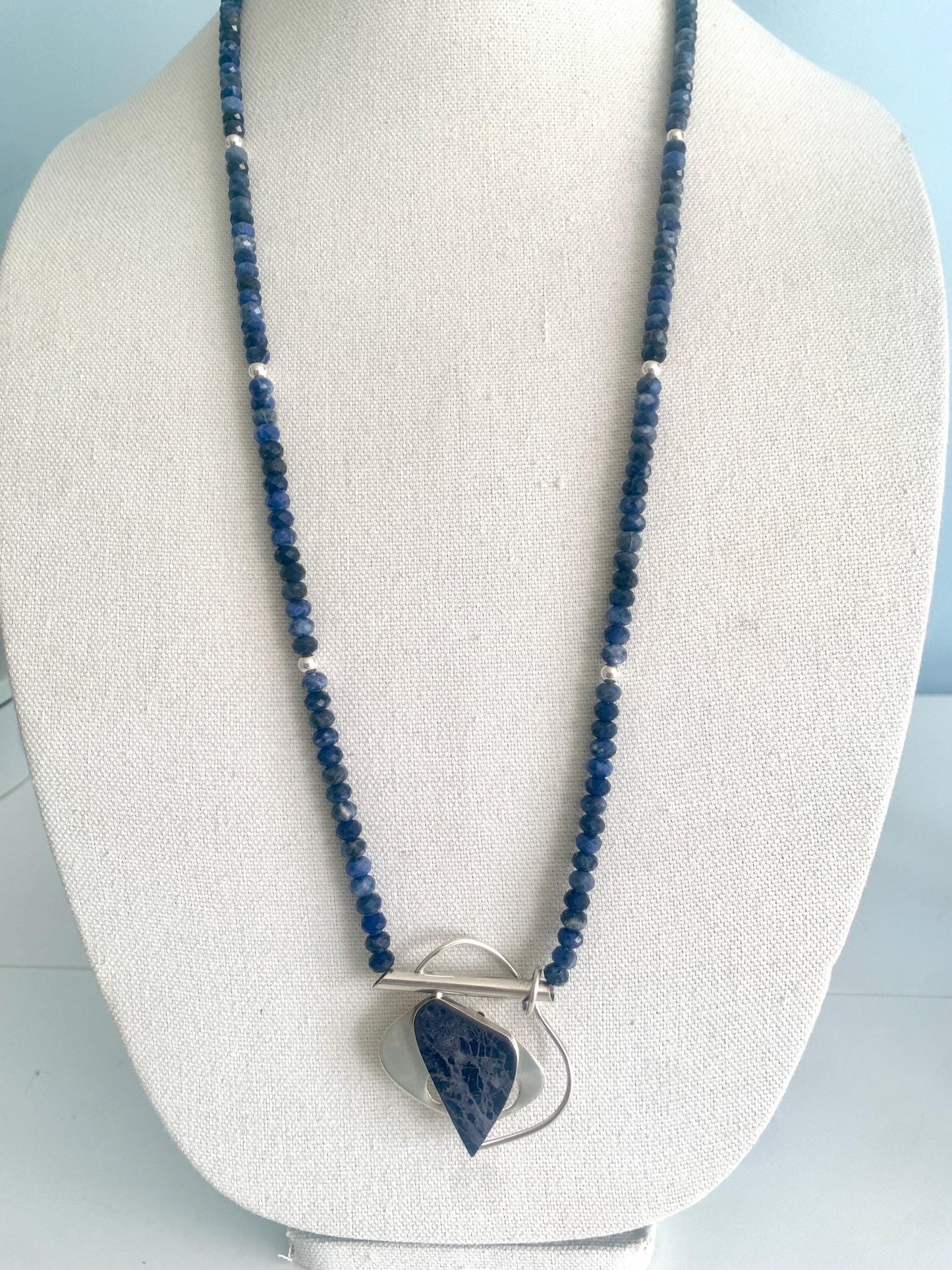 Contemporary. Sodalite. Cabochon. Sterling Silver Pendant. Faceted Blue Sodalite Beads. Long Necklace. Can be Doubled. Modern.OOAK