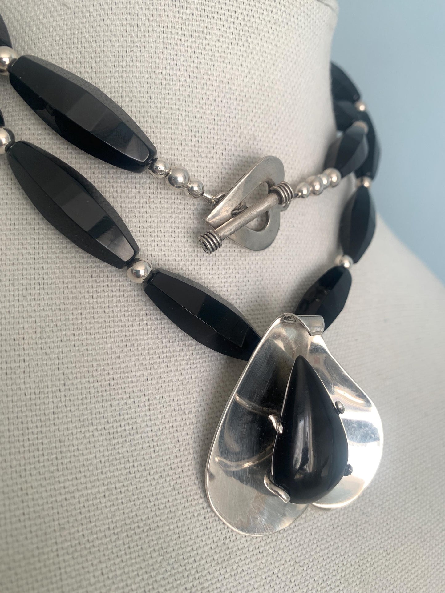 Vintage. Golden Sheen Obsidian Teardrop. Sterling Silver. Contemporary. Designer. Pendant. Long Onyx Beaded Necklace. Handmade. OOAK