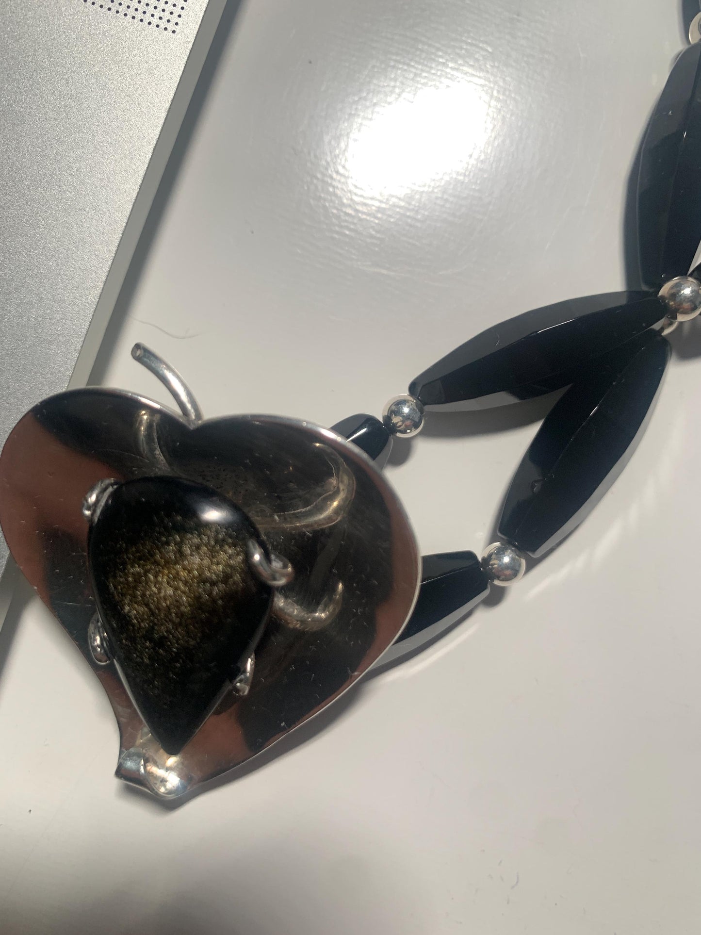 Vintage. Golden Sheen Obsidian Teardrop. Sterling Silver. Contemporary. Designer. Pendant. Long Onyx Beaded Necklace. Handmade. OOAK