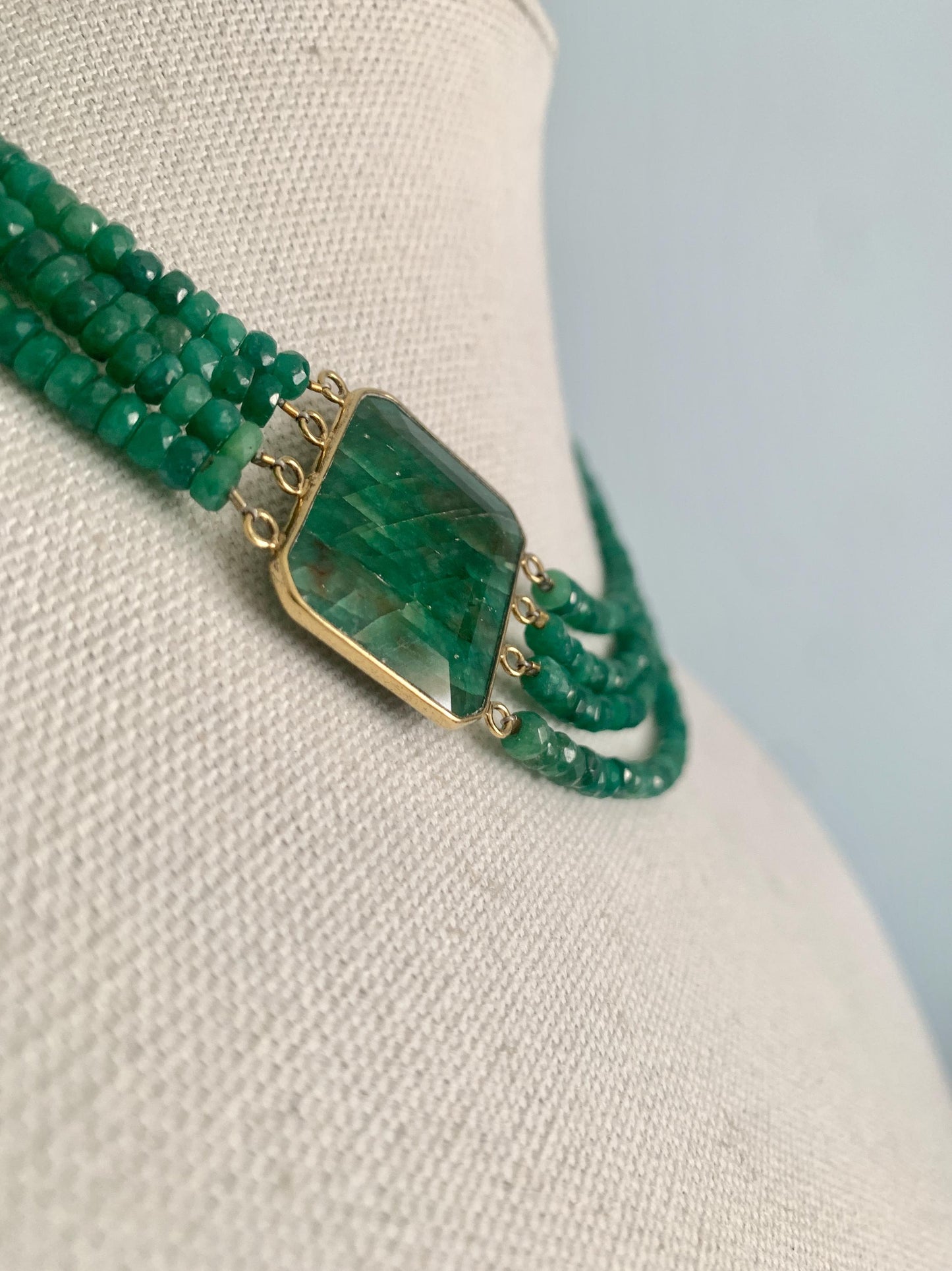 Vintage. Emerald Green Agate Cabochon. Set in Sterling Silver With A Gold Finish. Four strands of green agate.