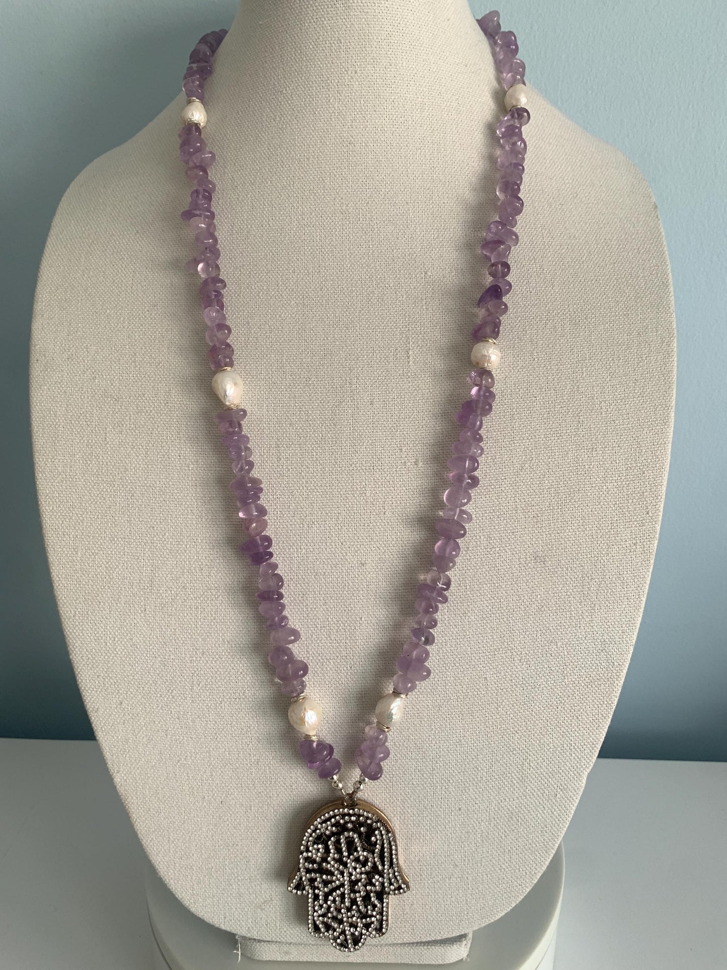 Hamsa. Amythyst. Barouge Pearls. Sterling Silver. Crystals. Long Strand or Double Strand.Pendant.OOAK. Handmade.