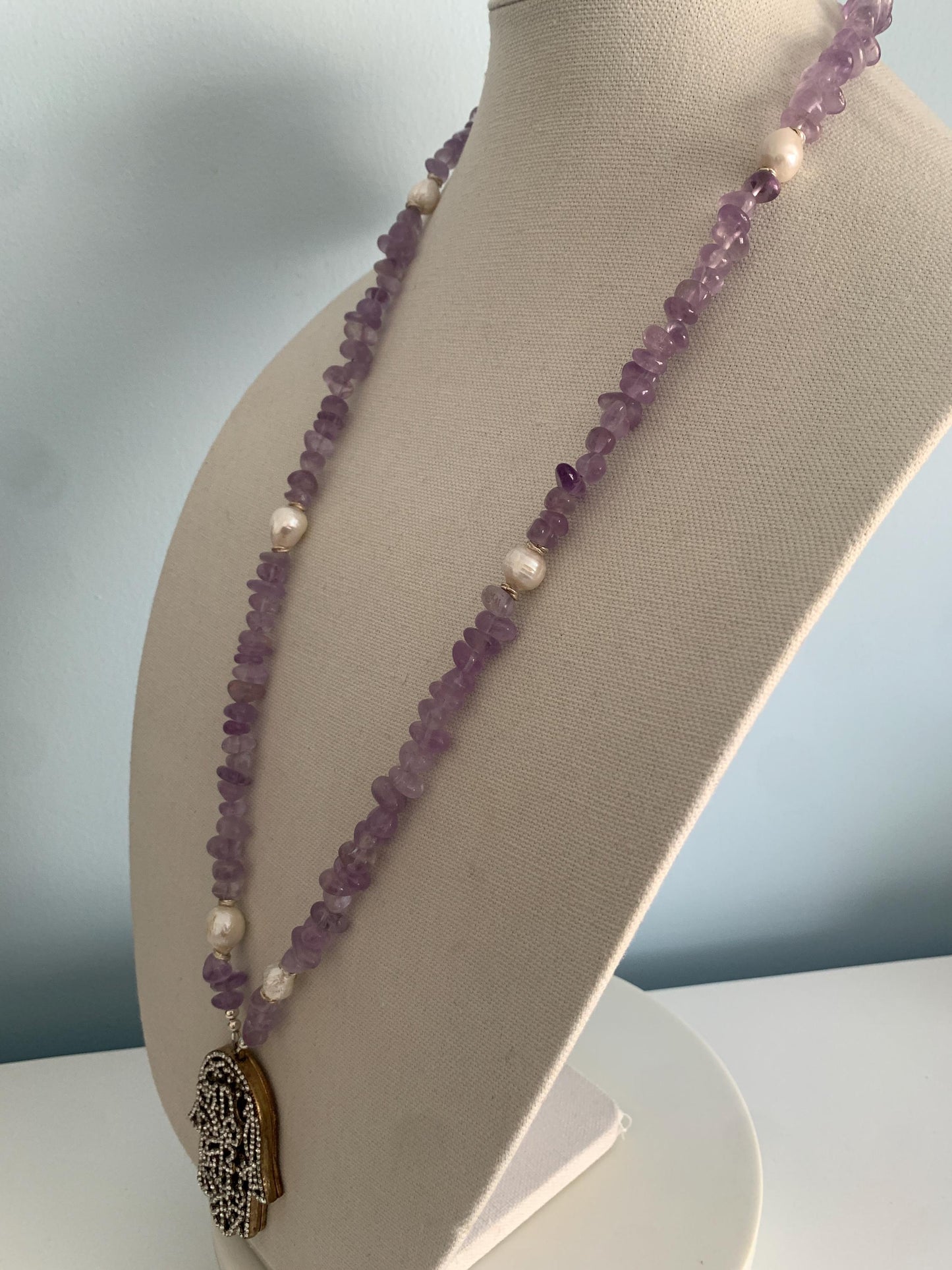 Hamsa. Amythyst. Barouge Pearls. Sterling Silver. Crystals. Long Strand or Double Strand.Pendant.OOAK. Handmade.