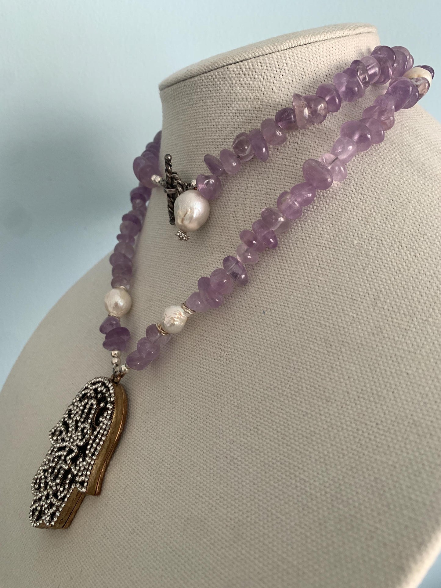 Hamsa. Amythyst. Barouge Pearls. Sterling Silver. Crystals. Long Strand or Double Strand.Pendant.OOAK. Handmade.