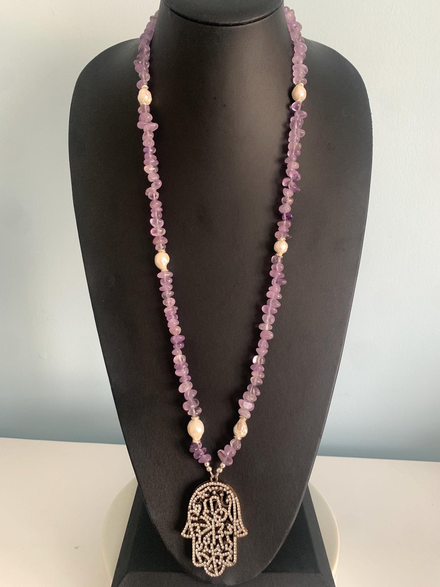 Hamsa. Amythyst. Barouge Pearls. Sterling Silver. Crystals. Long Strand or Double Strand.Pendant.OOAK. Handmade.