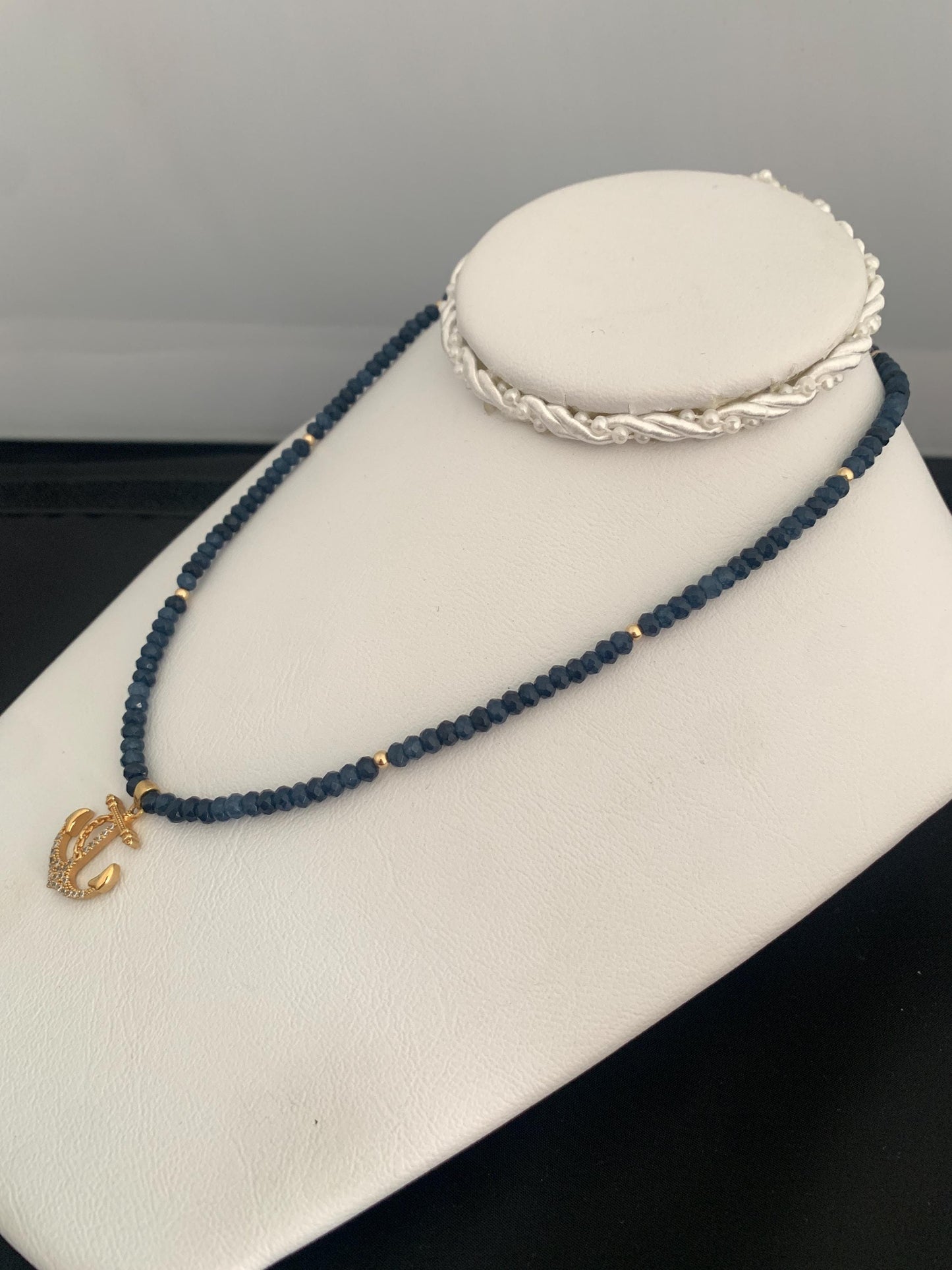 Anchor. Gold Tone Diamanté Crystals. Sodalite Beaded Necklace.