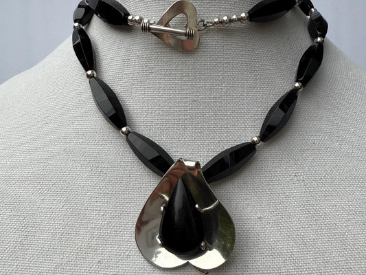 Vintage. Golden Sheen Obsidian Teardrop. Sterling Silver. Contemporary. Designer. Pendant. Long Onyx Beaded Necklace. Handmade. OOAK