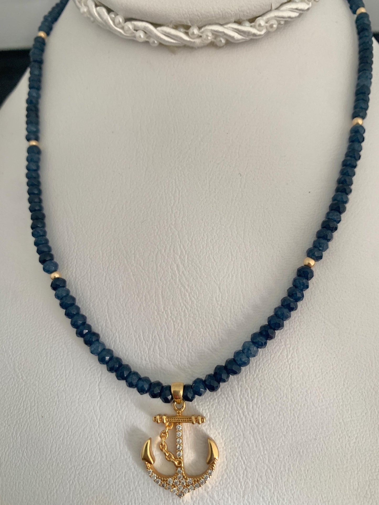 Anchor. Gold Tone Diamanté Crystals. Sodalite Beaded Necklace.