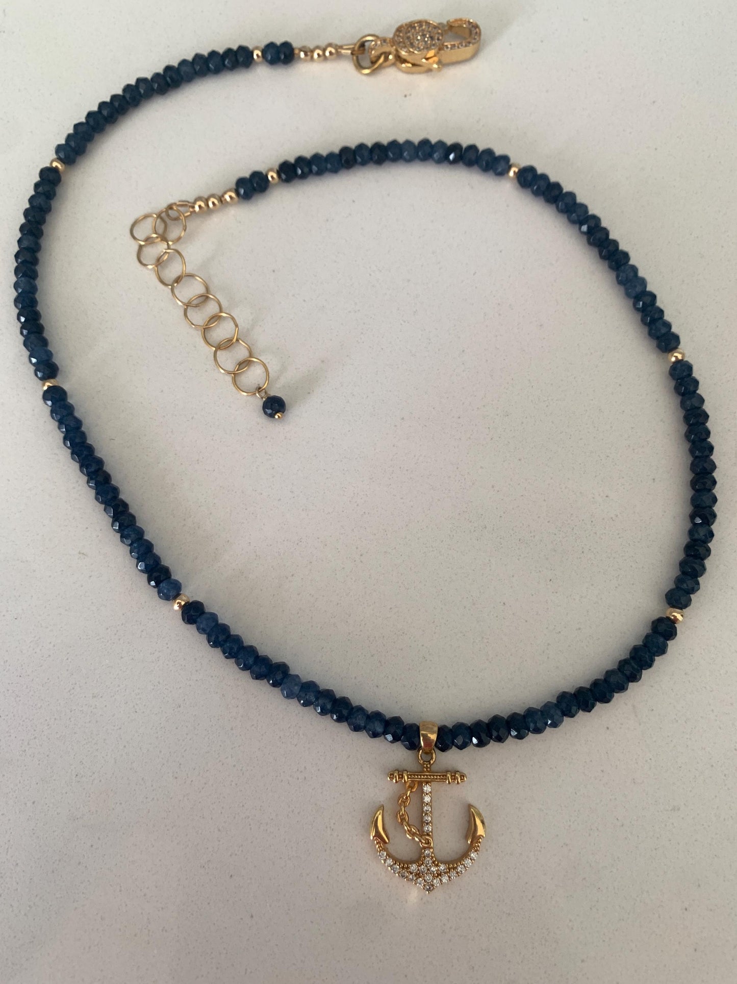 Anchor. Gold Tone Diamanté Crystals. Sodalite Beaded Necklace.