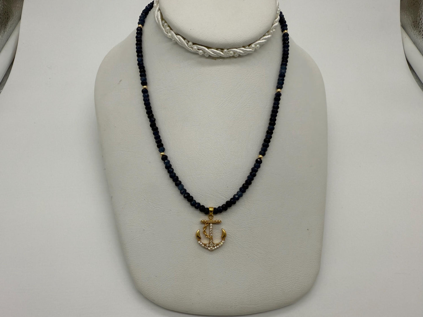 Anchor. Gold Tone Diamanté Crystals. Sodalite Beaded Necklace.