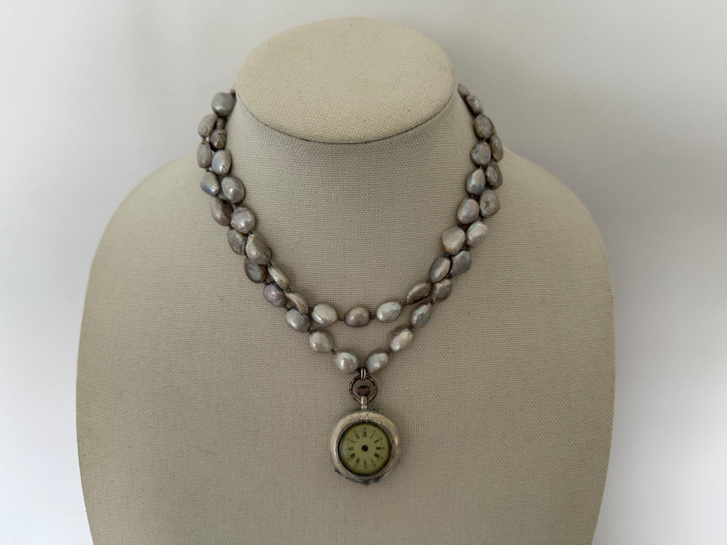 Vintage Sterling Silver Pocket Watch Silver Locket Gray Pearls OOAK.