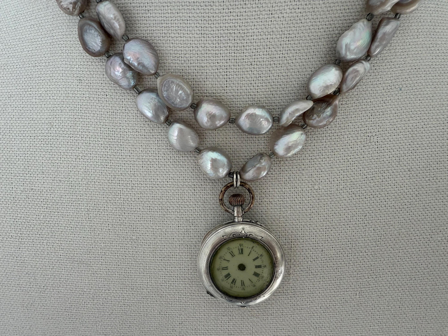 Vintage Sterling Silver Pocket Watch Silver Locket Gray Pearls OOAK.